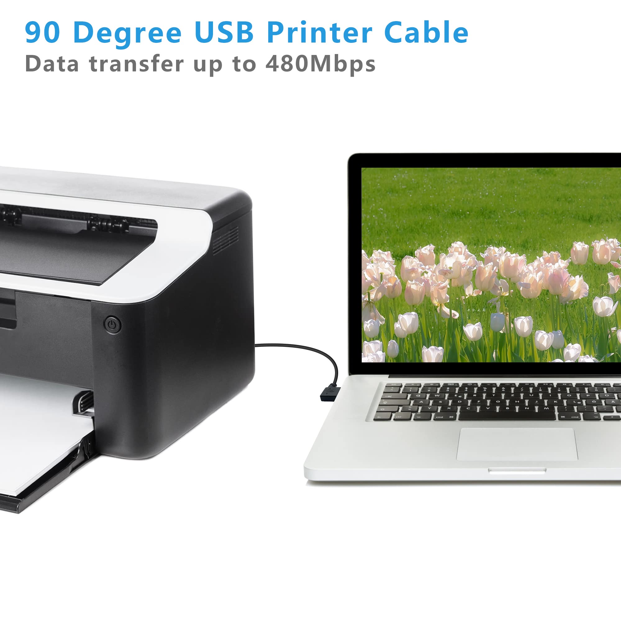 90 Degree Short USB Printer Cable 25CM (0.8Ft) - Left Angle USB 2.0 Type A Male to Left/Right Angle B Male Scanner Cable - Perfect for Printers, Scanners, and Tight Spaces