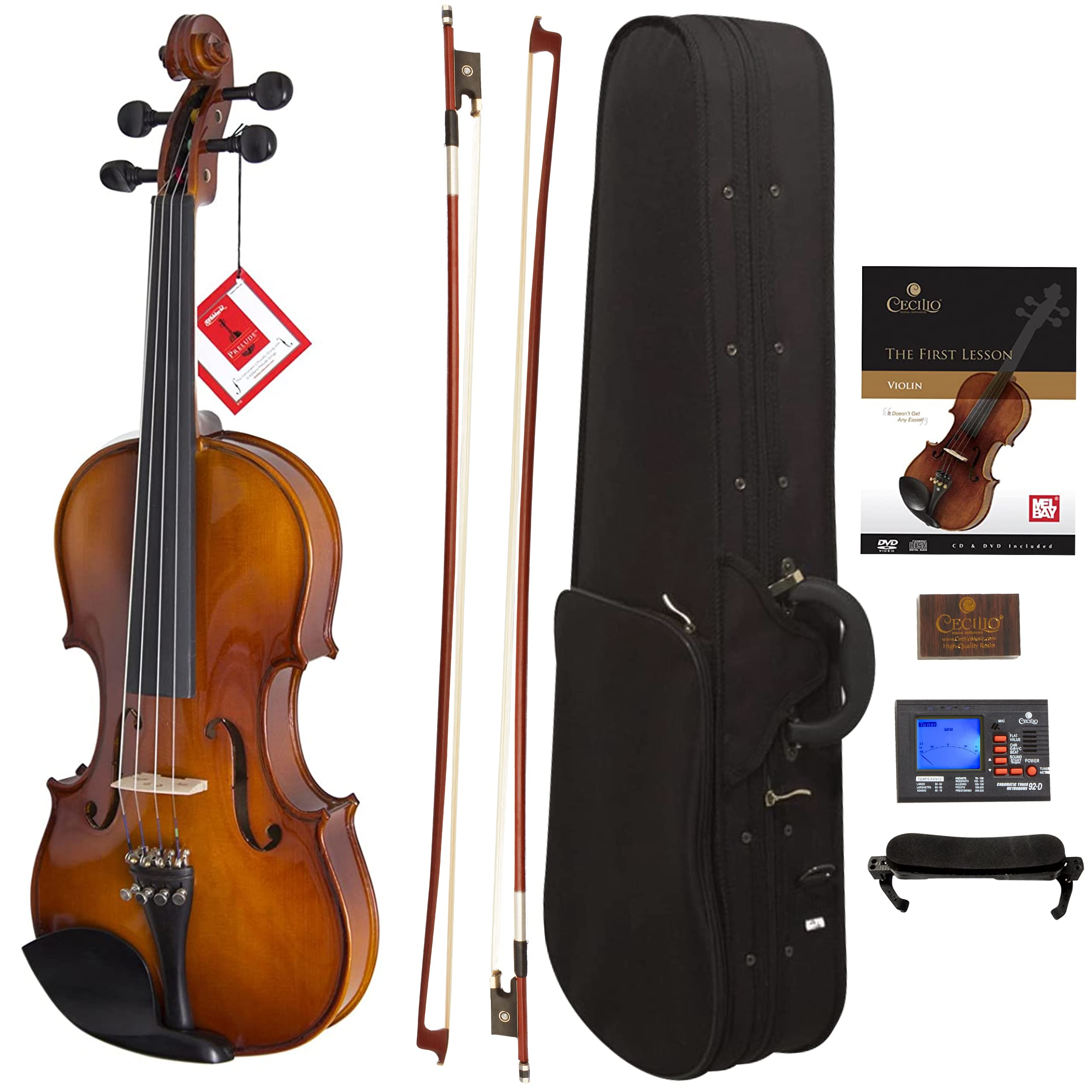 Premium CVN-300 3/4 Size Solid Ebony Wood Violin with D'Addario Prelude Strings - Perfect for Students, Beginners & Intermediate Players - Ideal for Practice, Performances & Music Classes