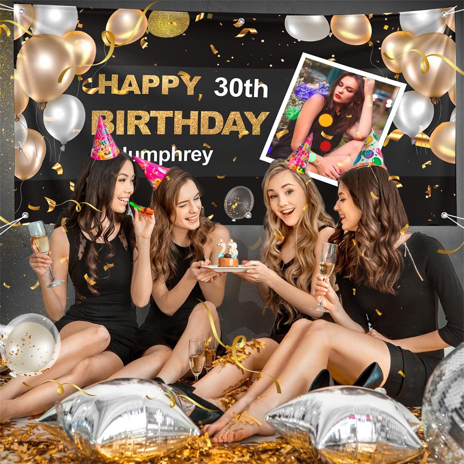 Personalized Happy Birthday Banner with Photo & Name - Custom Party Decor for Women, Men, Kids in Rose Gold & Black | Perfect for Anniversaries, Birthdays & Backdrop Decorations
