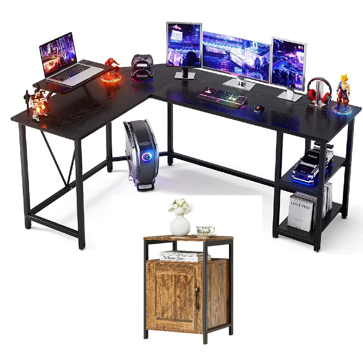 L Shaped Computer Corner Desk 65.7 inch with Storage Shelf - Long Gaming Desk with Monitor Stand - Black Industrial End Table for Bedroom - Modern Nightstand with Door - Walnut Finish - Home Office & Gaming Setup