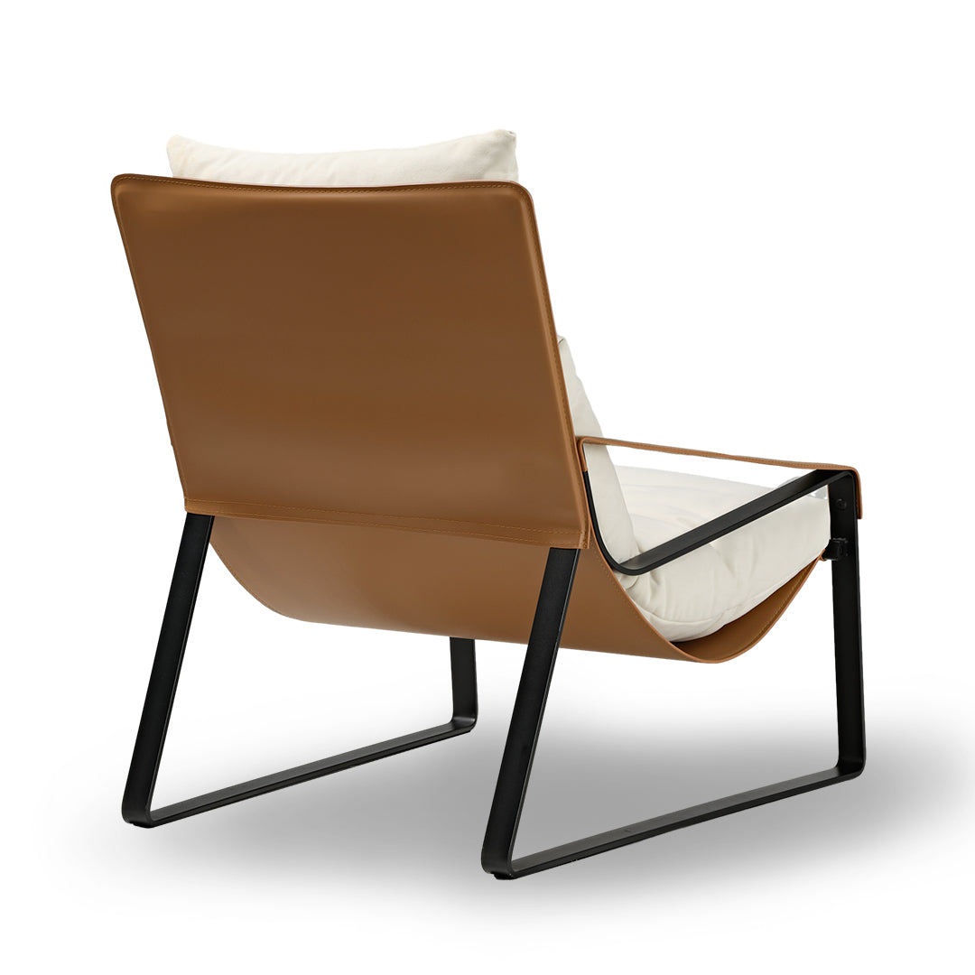 Premium Stitched Saddle Leather Lounge Chair - Beige & Orange Leather Recliner for Living Room, Office, or Reading Nook - Comfortable Modern Accent Chair for Home Decor