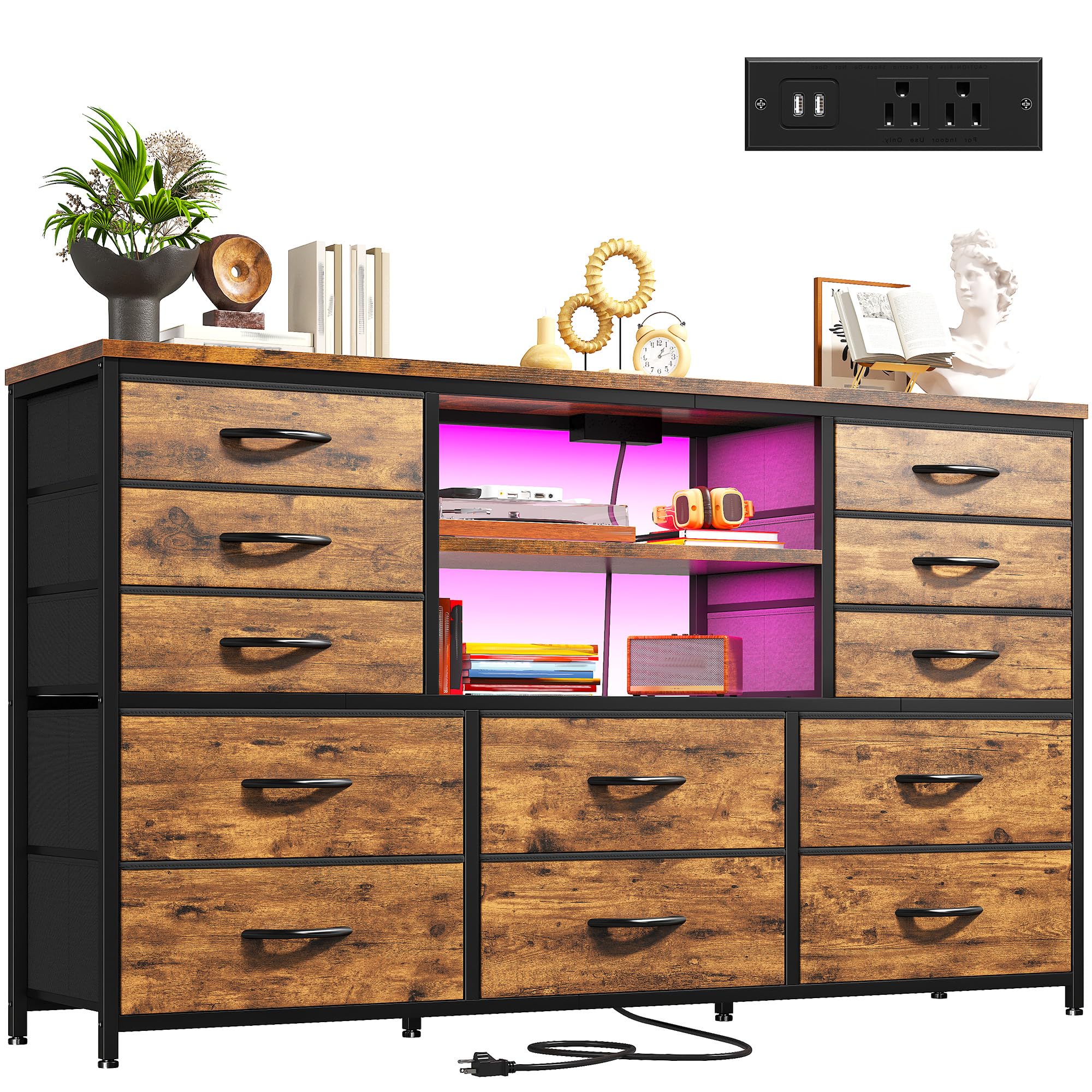 12-Drawer LED Dresser with Power Outlets - Rustic Brown TV Stand for 60-Inch TV, Sturdy Metal Frame Fabric Dresser for Bedroom, Living Room, Hallway & Closet Organization - Perfect for Modern Home Storage & Entertainment Setup