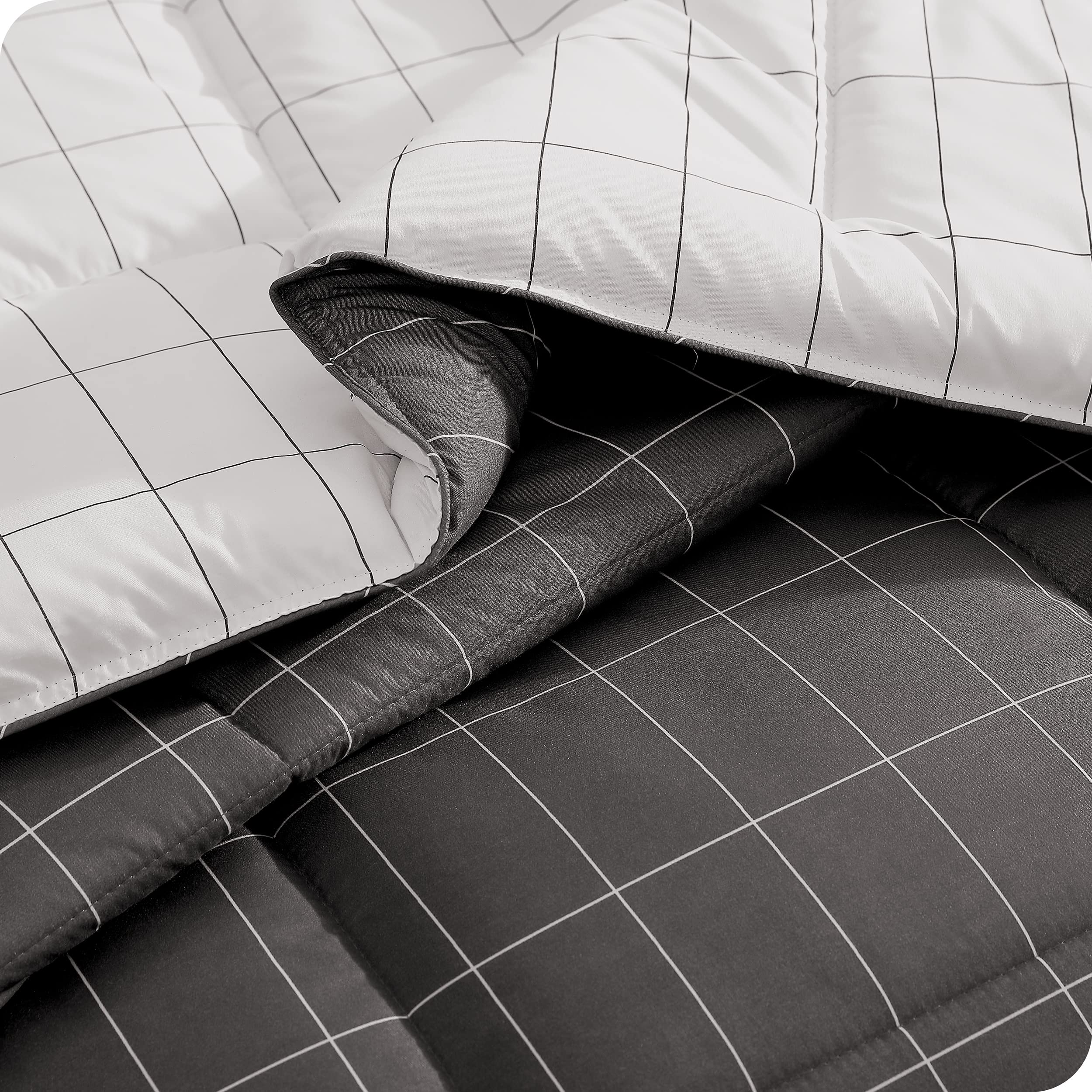 Bare Home 7-Piece Queen Bed-in-a-Bag Comforter Set with Sheets - Ultra Soft 1800 Premium Goose Down Alternative Bedding (Grid Grey/White Comforter + White Sheets) - Perfect for Master Bedroom, Guest Room & Cozy Home Decor