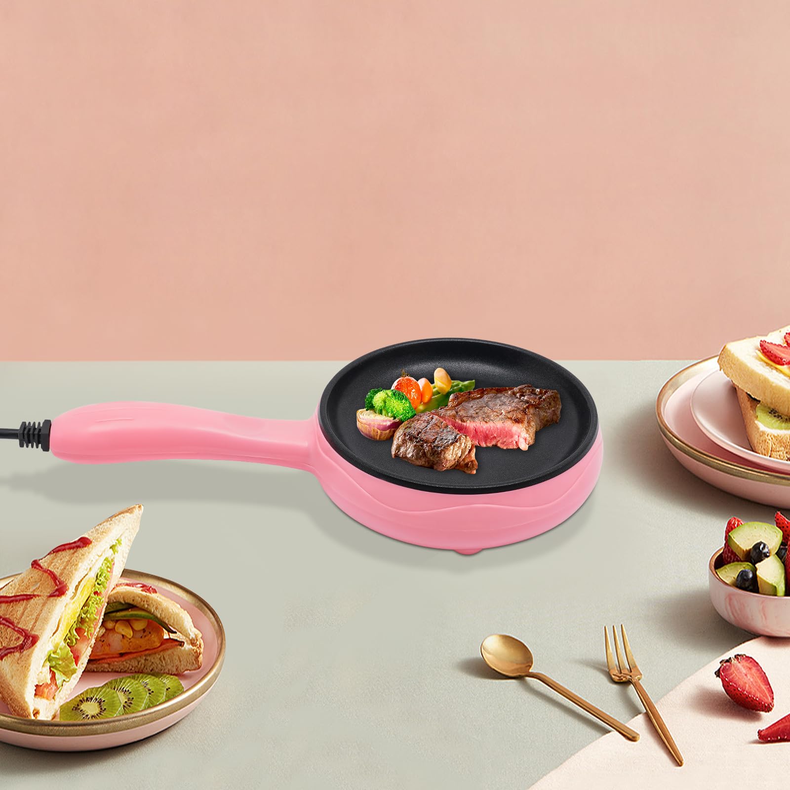 6-Inch Non-Stick Electric Skillet - Fast Heating Mini Round Griddle for Pancakes, Eggs, Cookies | Portable Cooking for Breakfast, Lunch & Snacks | Perfect for Dorms, Offices & Travel | Blue/Yellow/Pink (Pink)