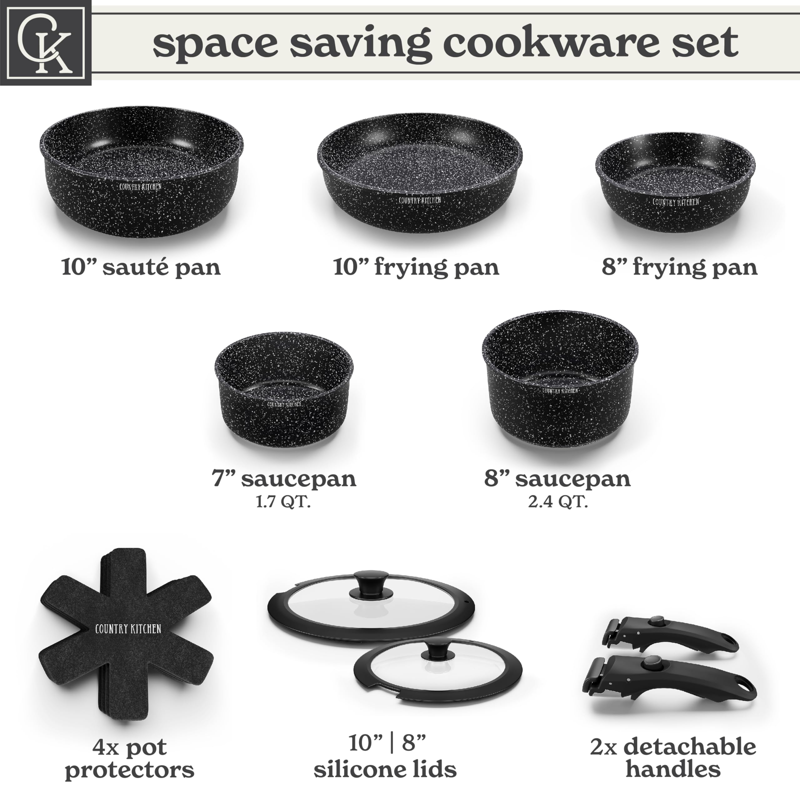 **Premium Country Kitchen Cookware Set with Removable Handle - Oven & RV Safe Nonstick Pots and Pans Set in Black - Ideal for Home Cooking, Camping & RV Travel**