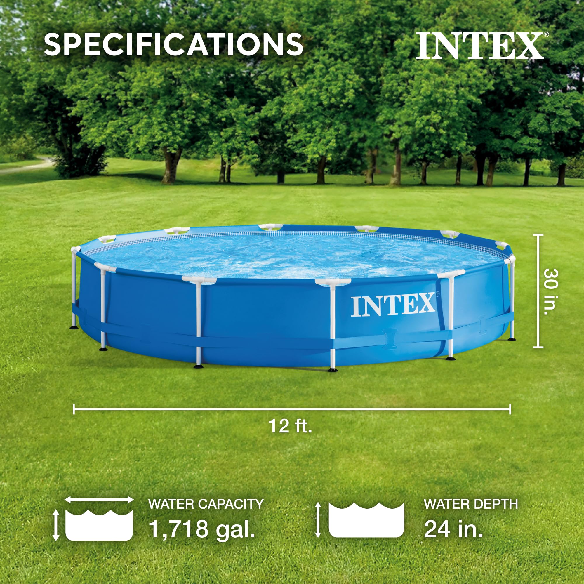 Intex 12ft x 30in Round Metal Frame Above Ground Swimming Pool Set with Filter Pump & Vinyl Cover - Perfect for Backyard Family Fun, Summer Parties & Outdoor Relaxation