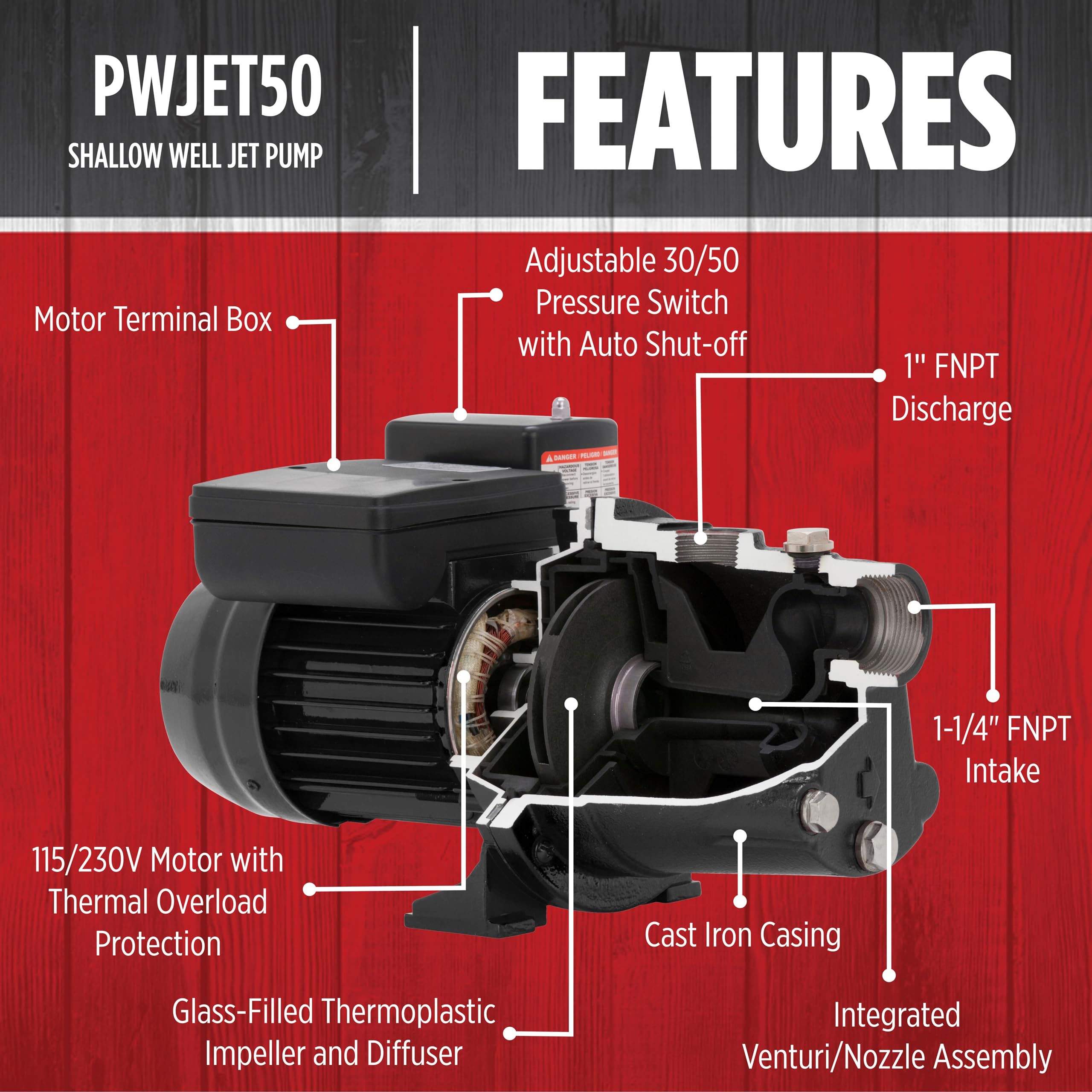 Red Lion PWJET50 1/2 HP Cast Iron Shallow Well Jet Pump - 7.4 GPM, 115/230V, Black (Model 97080501) - Perfect for Home Water Supply, Irrigation & Farm Use