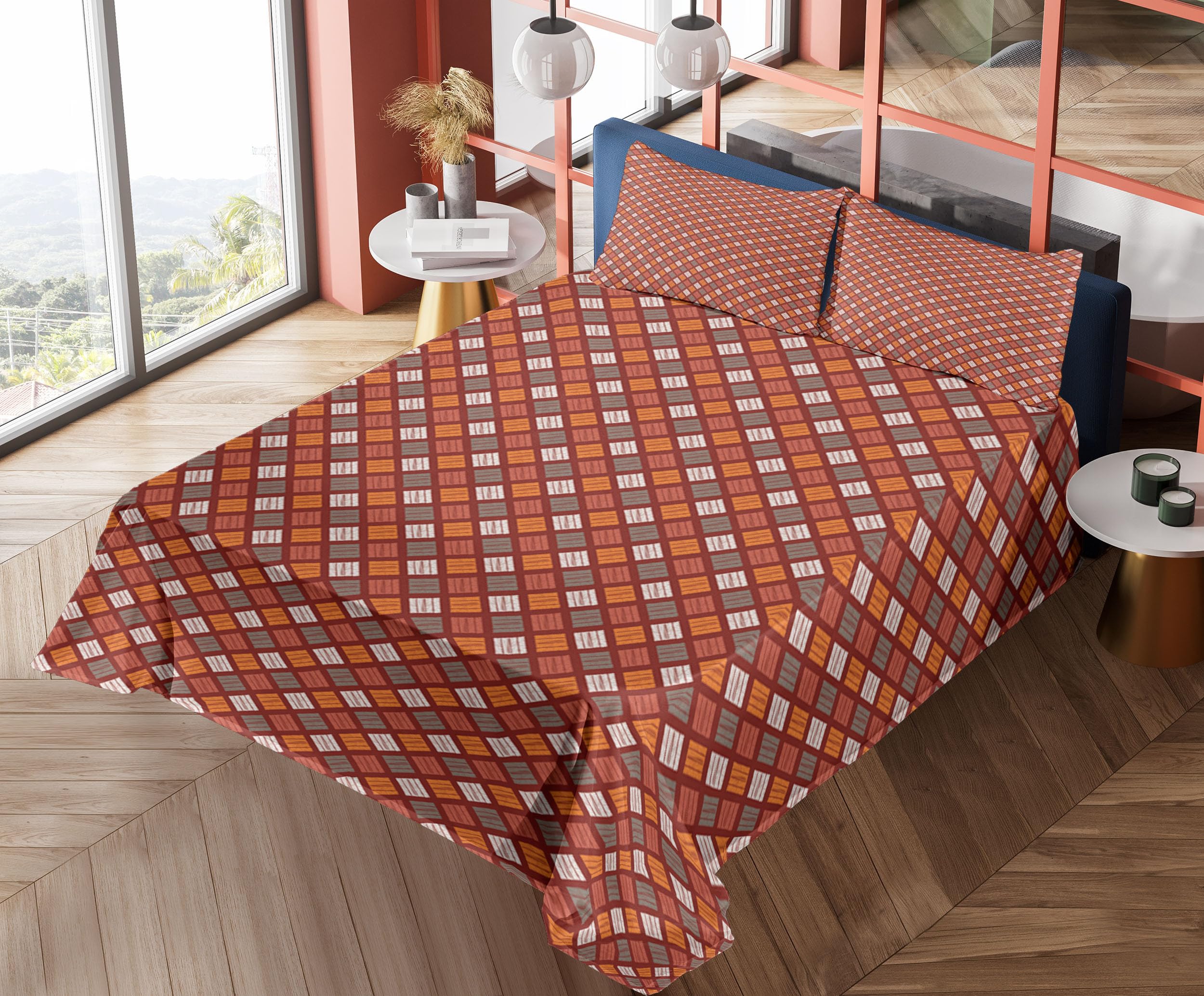 Ambesonne Abstract Geometric Bed Sheet Set - 4 Piece King Size with Fitted Sheet, Flat Sheet & Pillowcases - Warm Maroon Orange Dimgray Traditional Inspired Design - Perfect for Modern Bedrooms, Guest Rooms & Airbnb Styling
