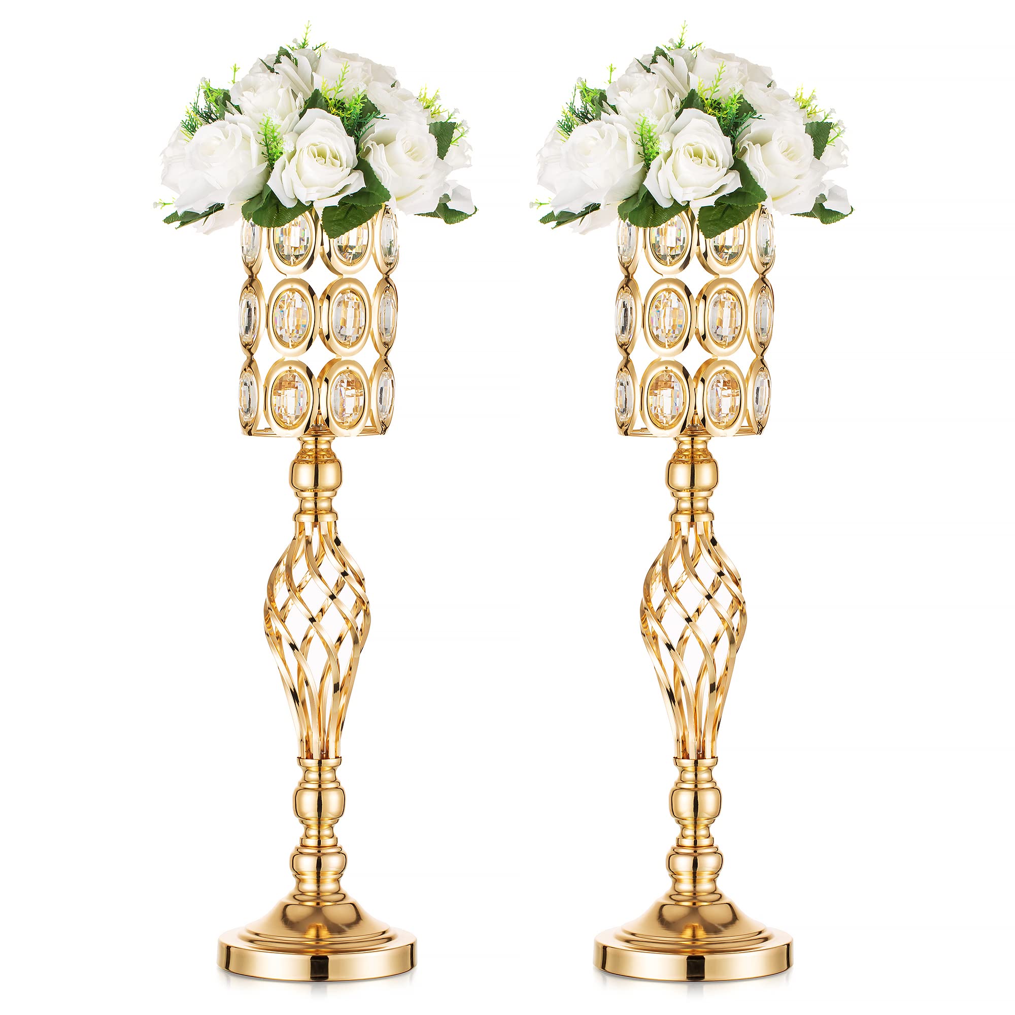 Elegant Gold Tall Vases for Wedding Centerpieces - Set of 2 with Crystal Bling Stones, Metal Flower Stand for Birthday, Anniversary, Party Decor - Perfect for Table Decorations, Home Decor & Special Events