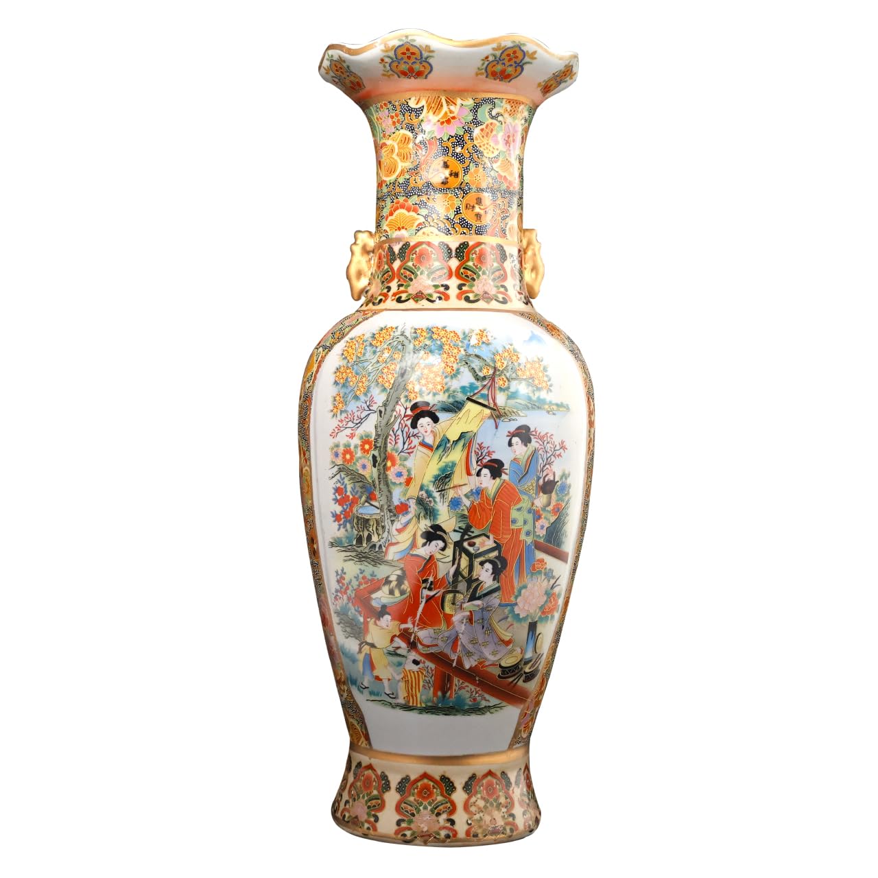 Japanese Satsuma Fluted Vase with Handles - Antique Oriental Ceramic Vase for Home Decor, Wedding Centerpiece & Gift Idea