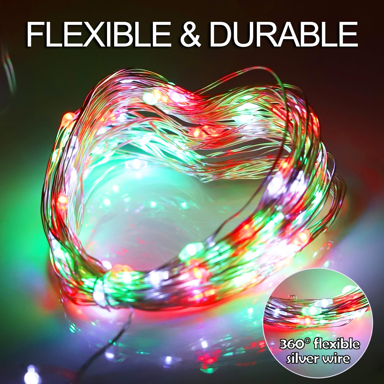 Solar Christmas Lights Outdoor Waterproof - 2 Pack 200 LED 66FT Red White Green Fairy String Lights IP67 with 8 Modes - Perfect for Tree, Garden, Patio, Fence, Balcony & Holiday Decorations