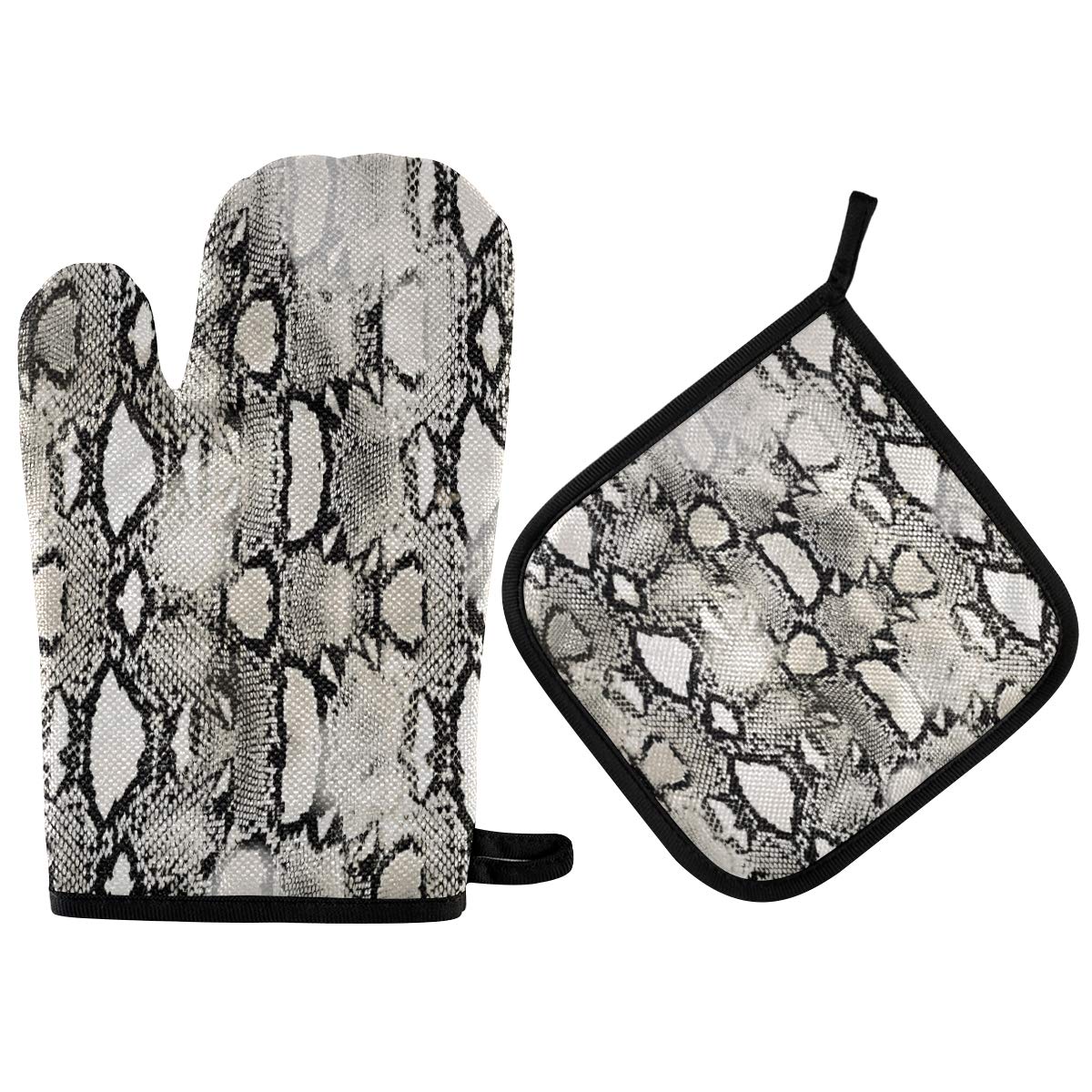 Gray Snake Print Oven Mitts and Pot Holders Set of 2 - Heat Resistant & Non-Slip Kitchen Gloves for Cooking, Baking, BBQ, Grilling - Perfect for Baking Cookies, Handling Hot Pans, and Outdoor Barbecues