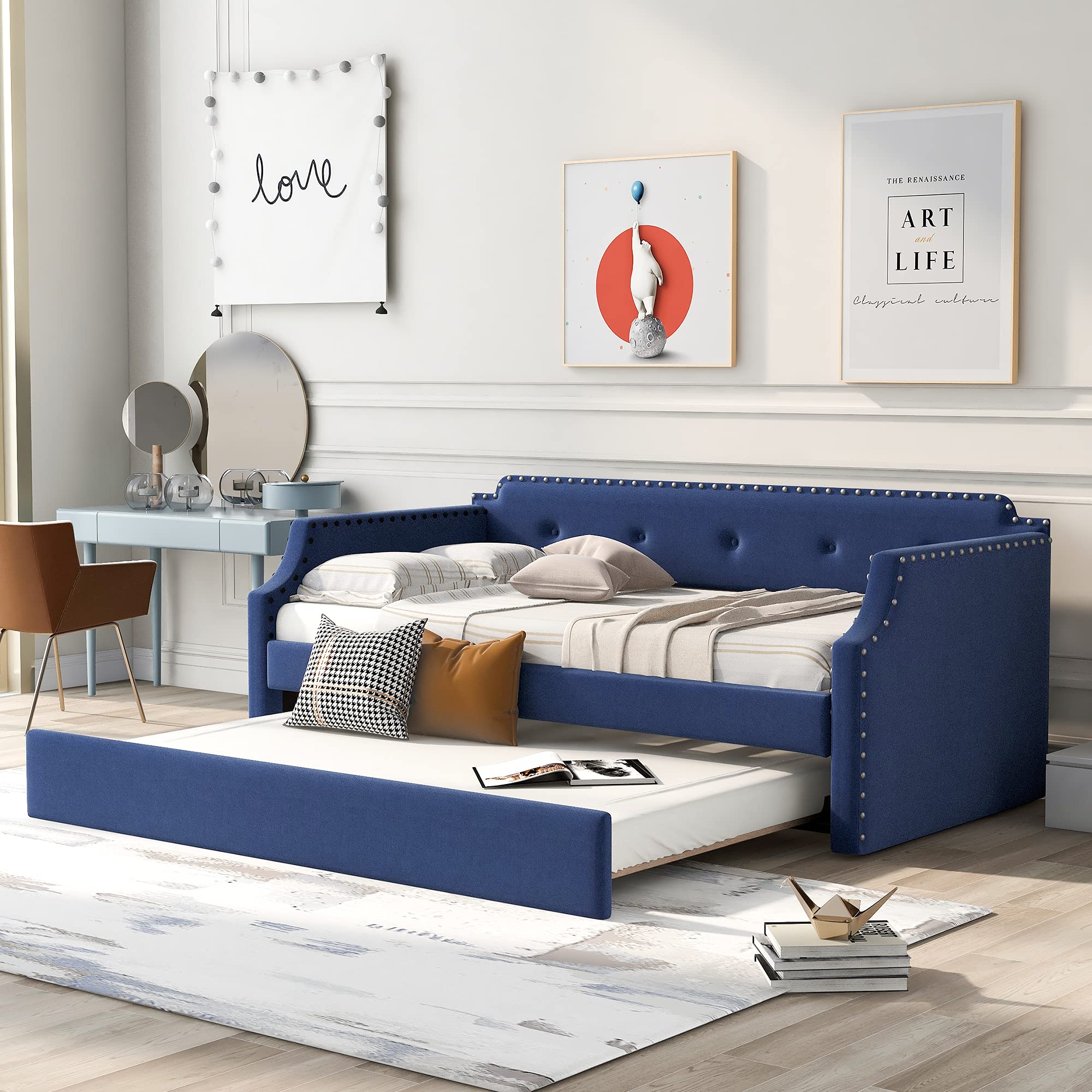 Merax Twin Size Upholstered Daybed with Trundle - Wooden Sofa Bed for Living Room & Guest Room, No Box Spring Needed, Blue Fabric | Perfect for Small Spaces, Sleepovers & Multi-Purpose Furniture