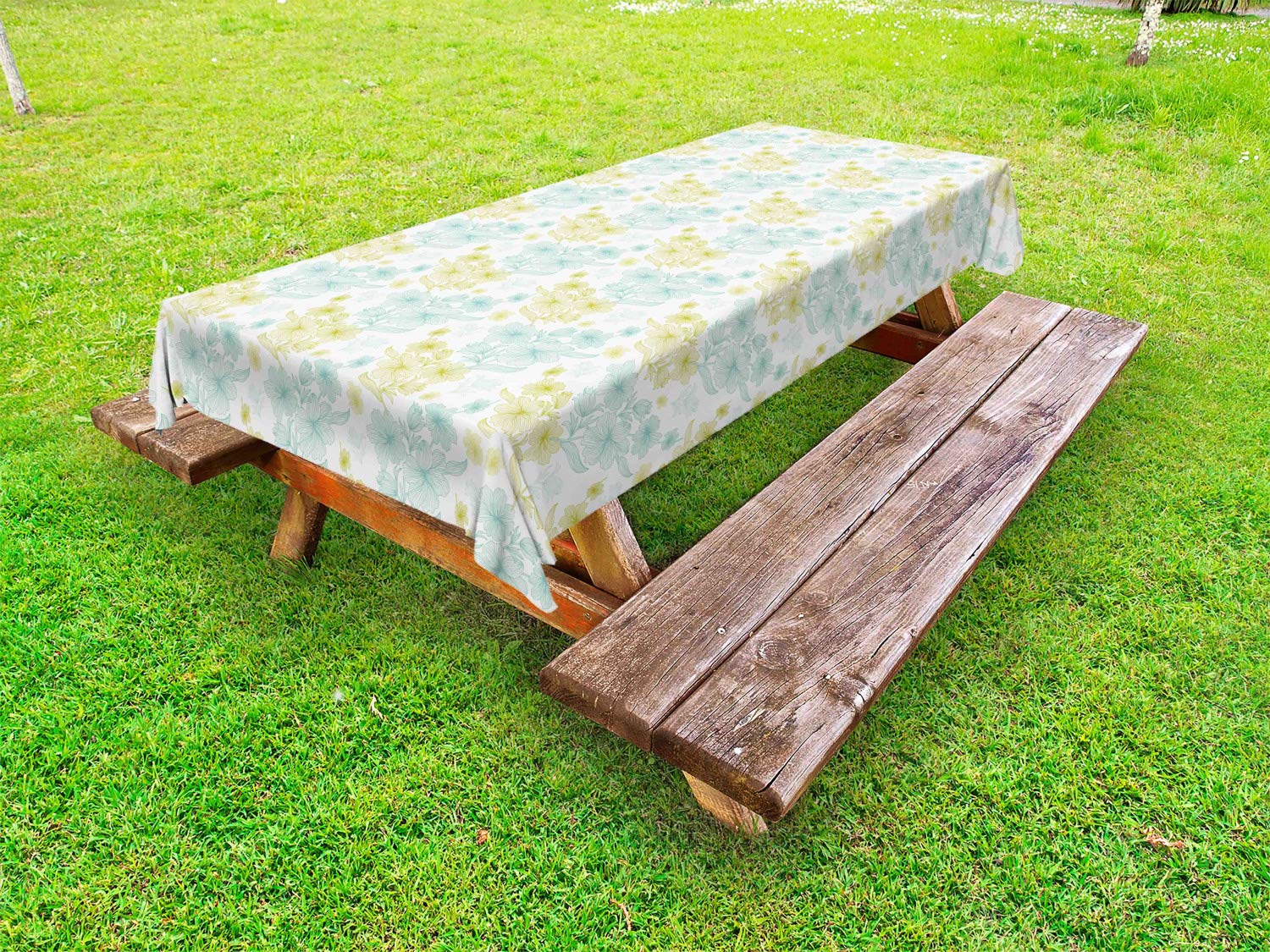 Ambesonne Retro Floral Tablecloth - Pastel Blue & Green Abstract Nature Design, Washable Picnic Table Cover 58x84 Inches | Perfect for Outdoor Dining, Garden Parties & Picnics