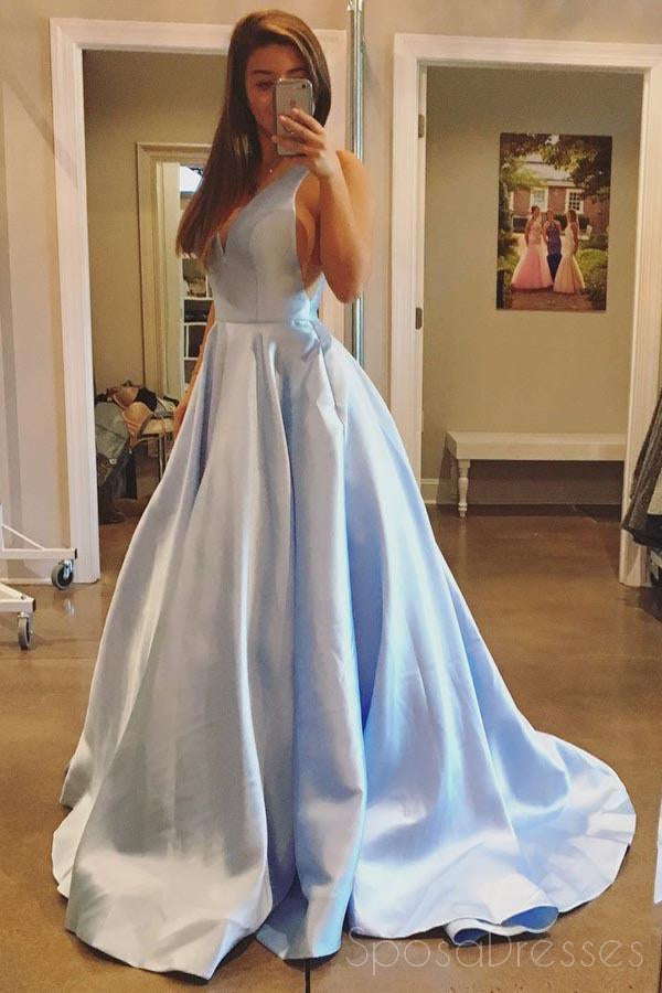 Affordable Simple V-Neck A-Line Light Blue Satin Long Evening Prom Dresses for Women - Elegant Formal Gown for Homecoming, Wedding Guest, Cocktail Party & Special Occasions