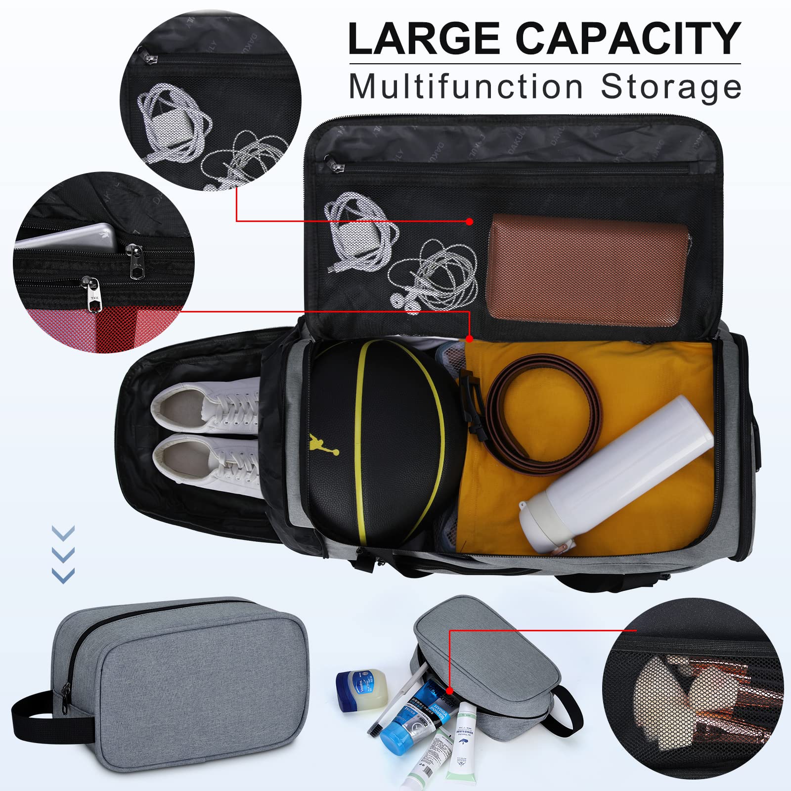 40L Waterproof Gym Duffle Bag for Women & Men - Sports Travel Duffel with Shoe Compartment & Wet Pocket - Large Weekender Overnight Bag with Toiletry Bag (Grey) - Perfect for Gym, Travel & Weekend Getaways