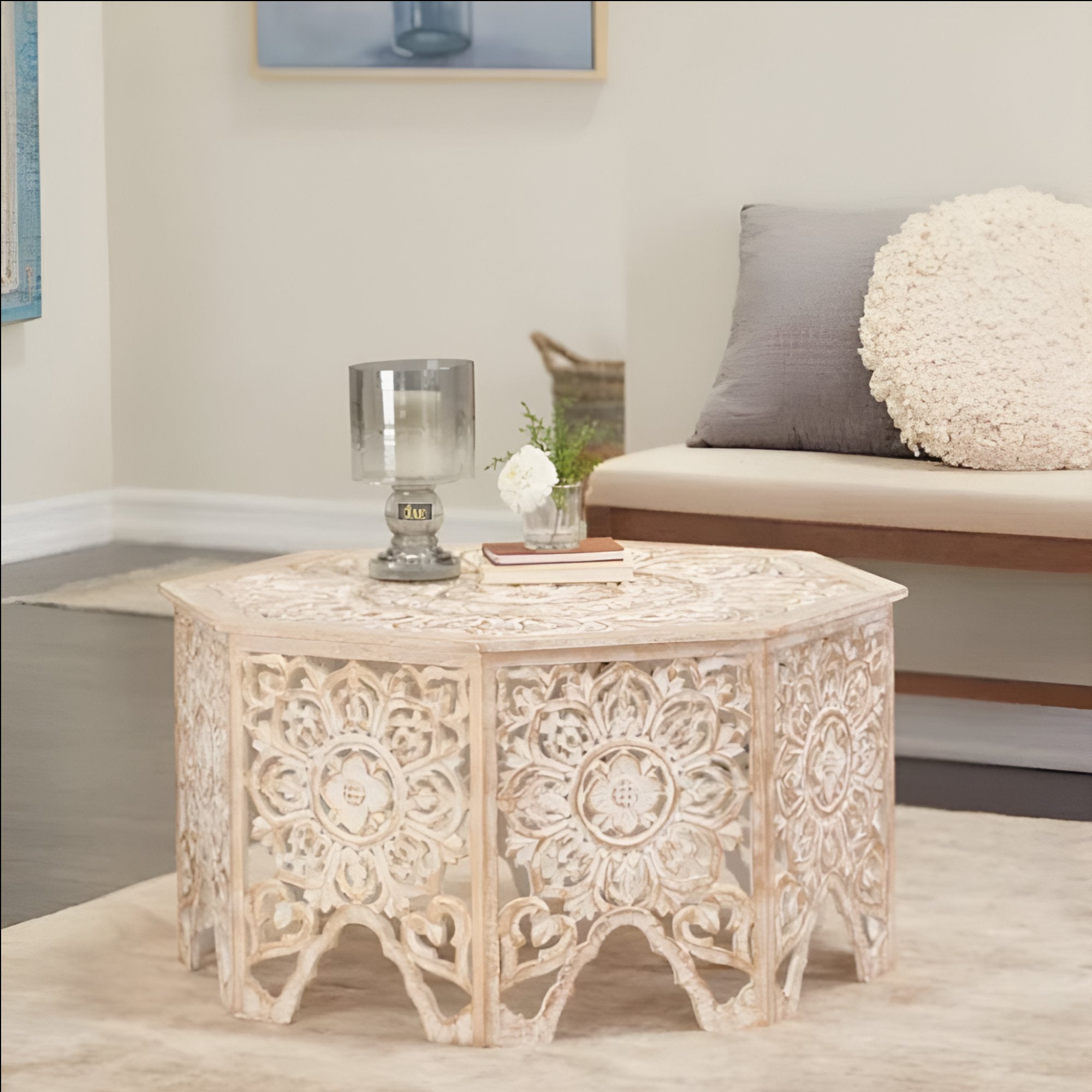 Handmade Carved Mango Wood Octagon Coffee Table - Cream Distressed Finish - Rustic Living Room Furniture for Home Decor & Cozy Spaces