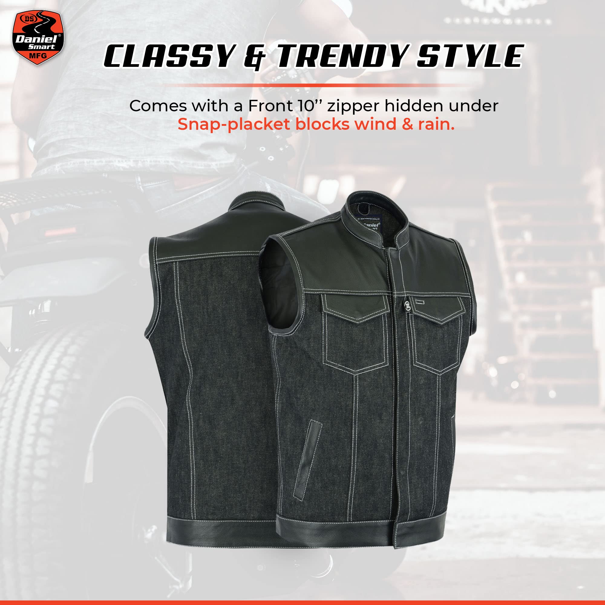 Daniel Smart Biker Vest for Men - Black Denim Motorcycle Vest with Leather Trim & Hidden Weapon Pocket | Riding Gear for Harley Davidson & Cruiser Bikes | Outdoor Adventure & Urban Style
