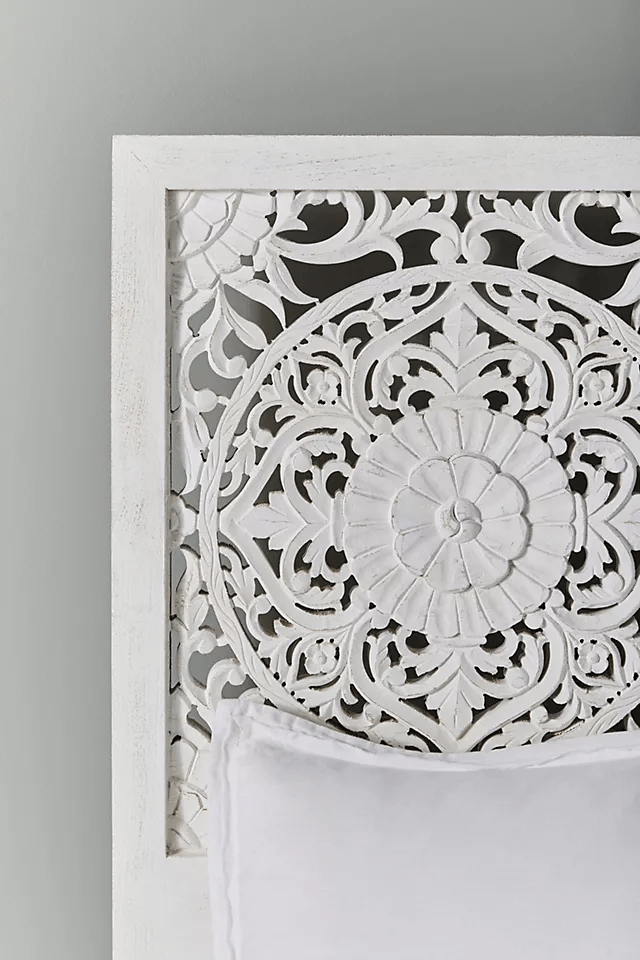 Hand Carved White Low Lombok Bed - Solid Indian Wooden Bed Frame for Master Bedroom & Guest Room - Perfect for Modern, Boho & Farmhouse Home Decor