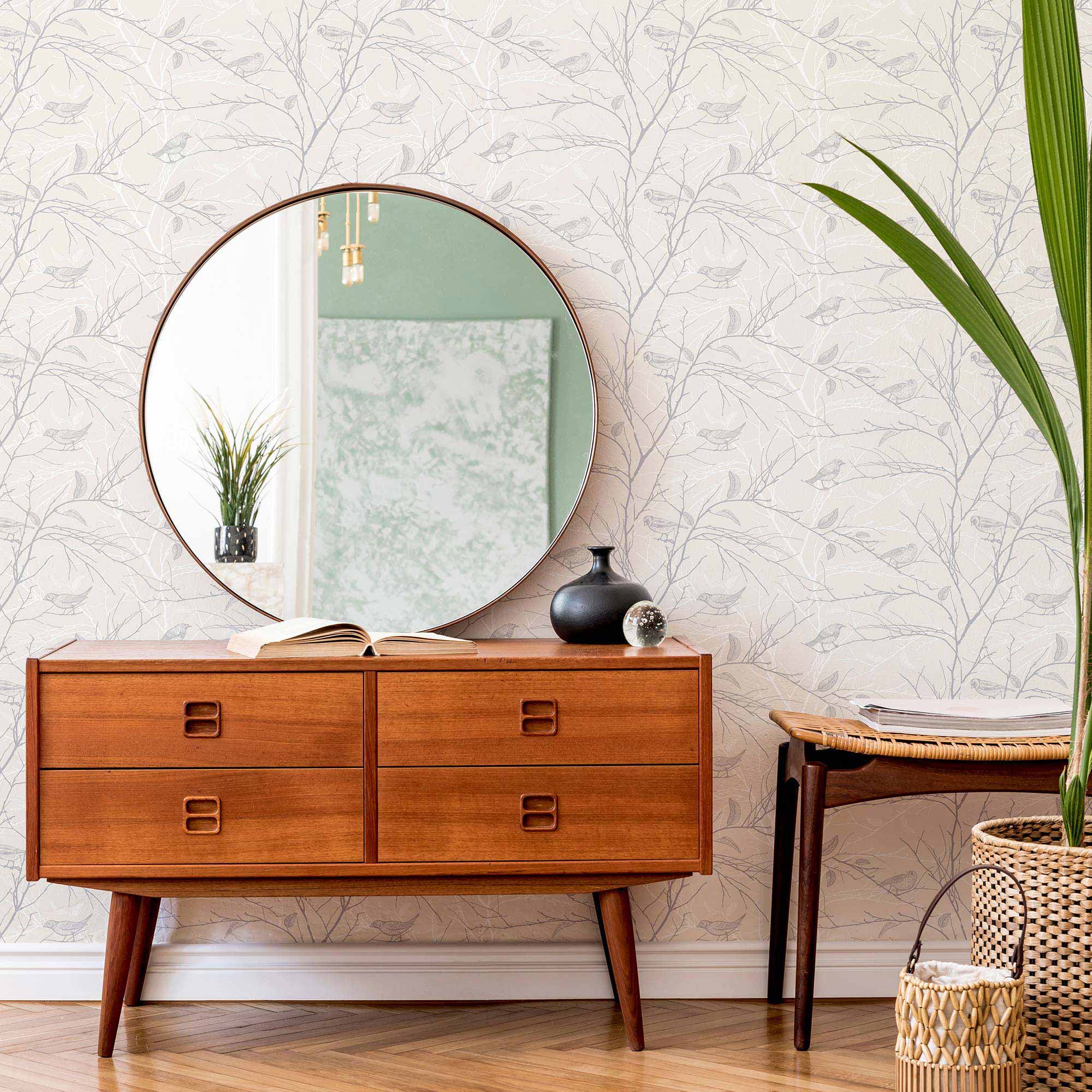 Beige Birds Peel and Stick Removable Wallpaper 7290 - Self-Adhesive Decorative Wall Covering for Bedroom, Nursery, Living Room Home Decor