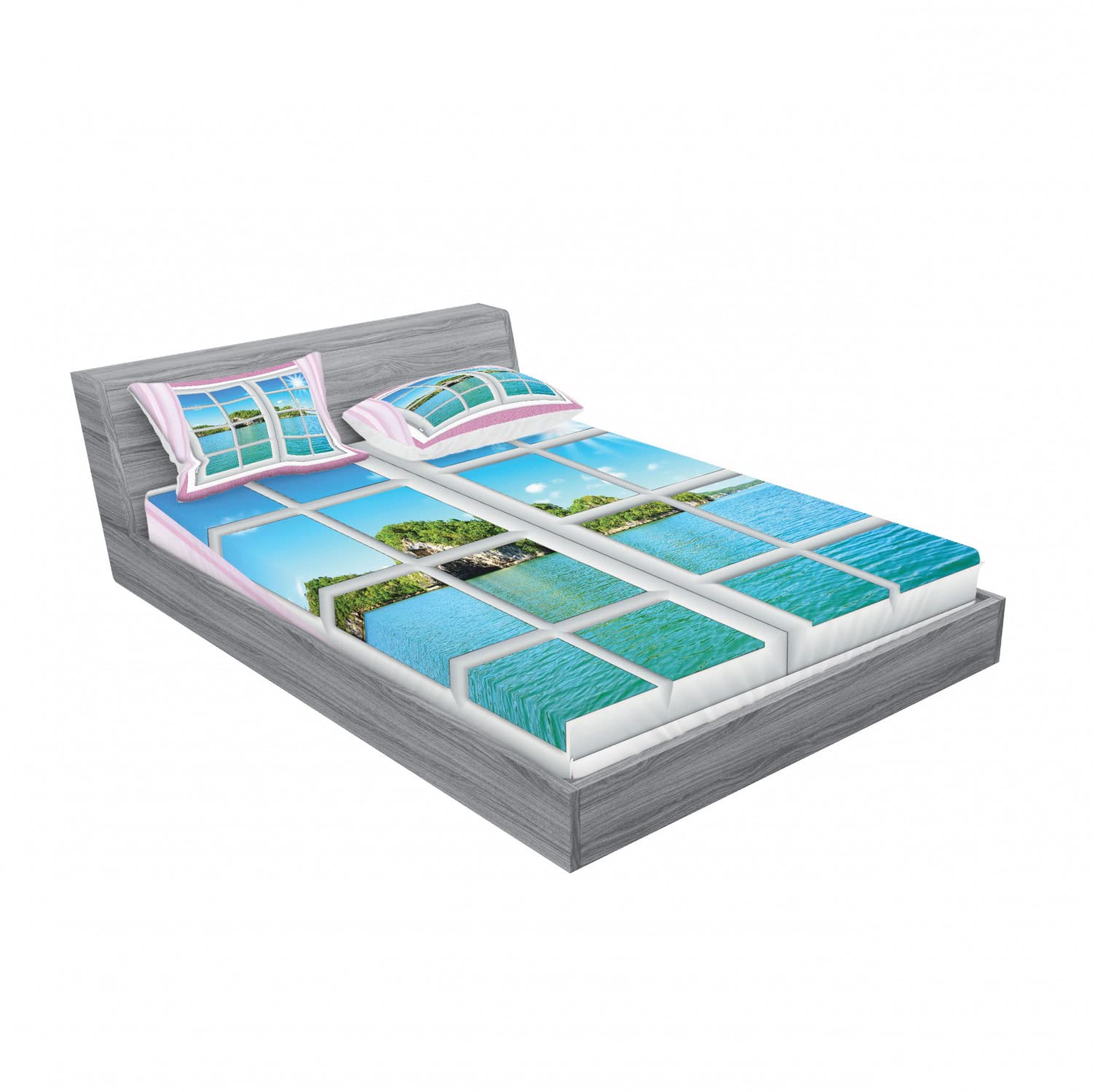 Ambesonne Ocean Themed 2-Piece King Size Fitted Sheet Set with 4 Pillow Shams - Soft Blue and Pink Coastal Bedding Collection for Beach House Decor | Perfect for Master Bedroom, Guest Room, and Vacation Rental