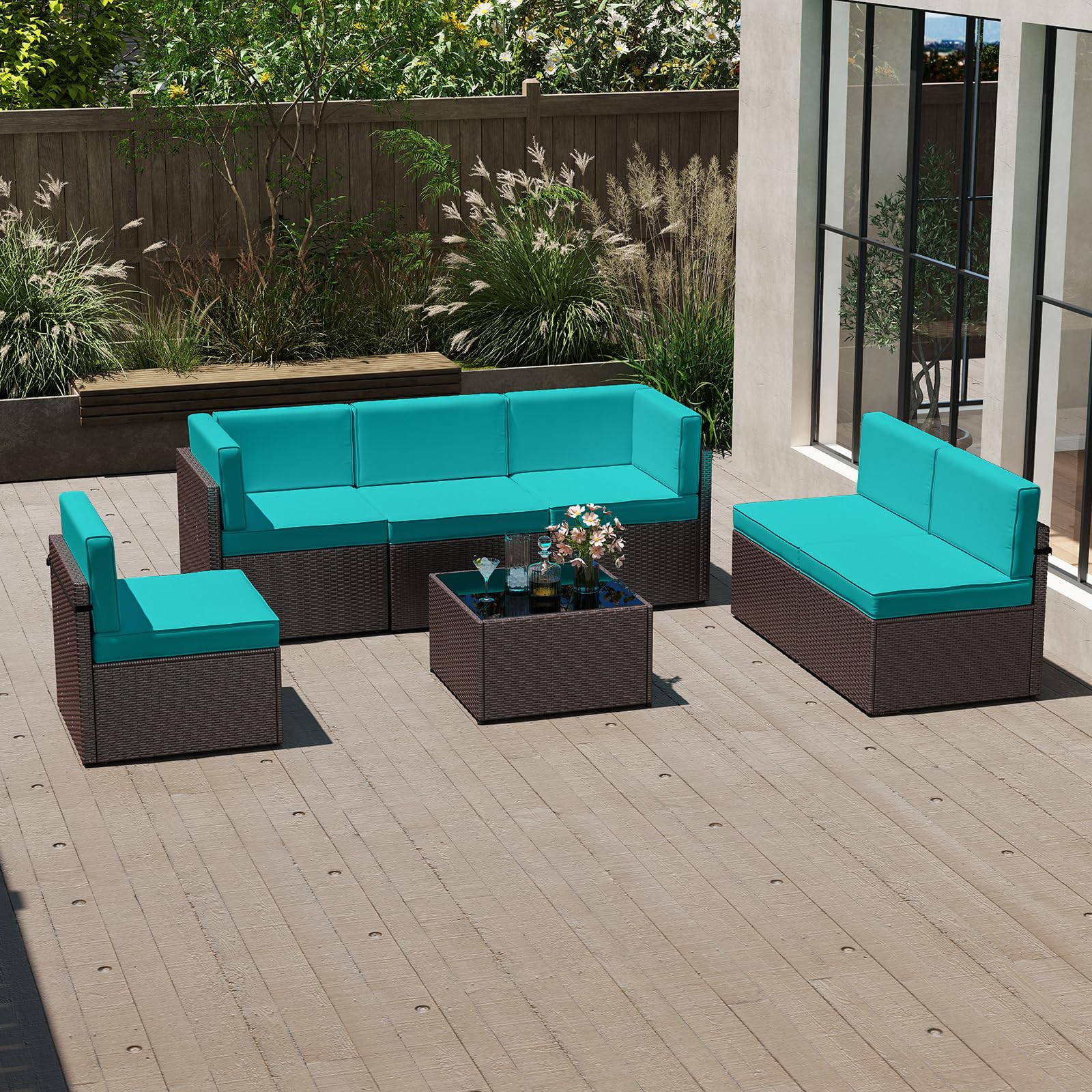 JSUN7 7-Piece Outdoor Patio Furniture Set - PE Rattan Sectional Sofa with Coffee Table & Cushions, Turquoise Wicker Garden Sofa Set for Backyard, Poolside & Balcony Relaxation