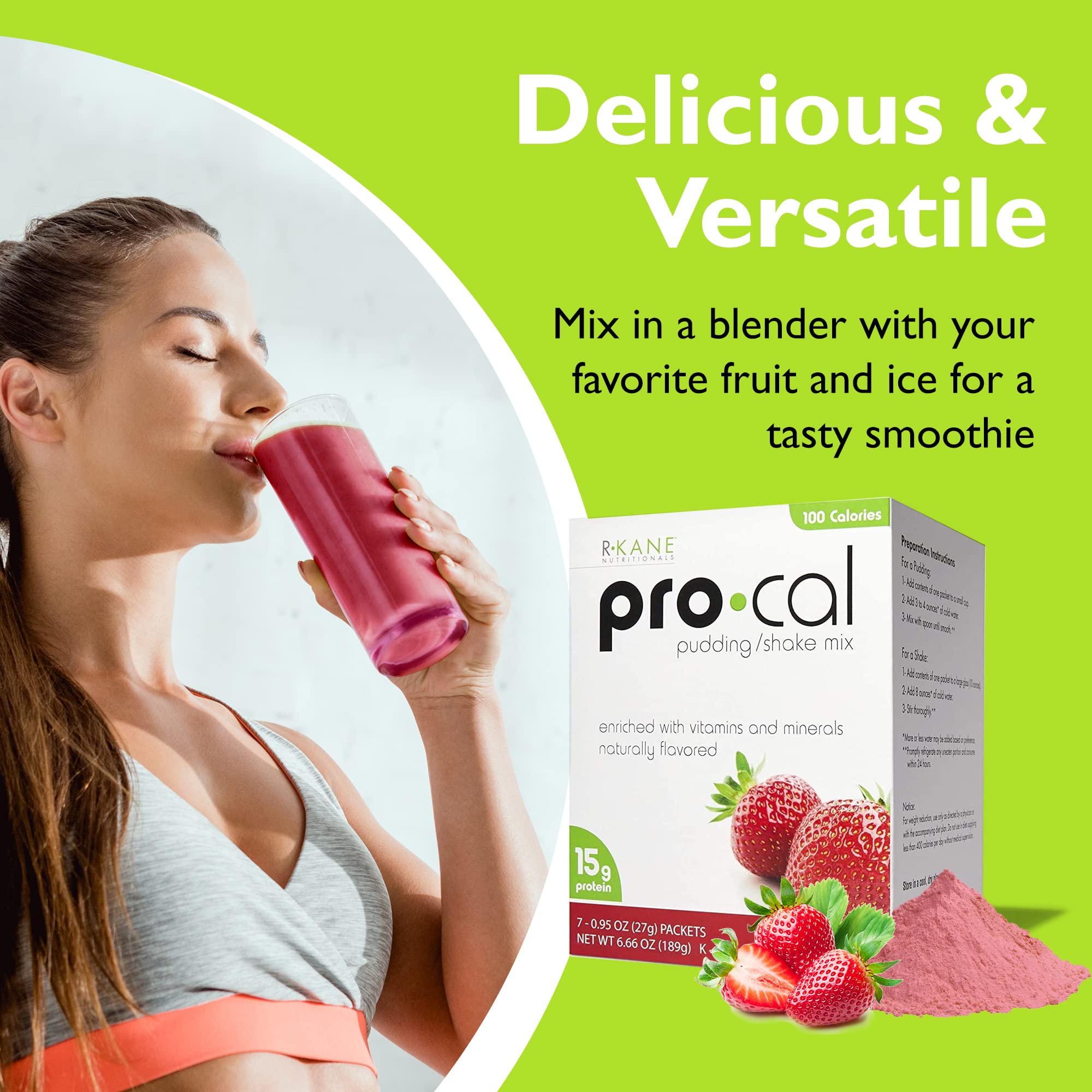 Pro-Cal Low Calorie Protein Pudding & Shake Mix - Strawberry Flavored Meal Replacement with 15g Protein (7 Packets per Box) | Kosher Certified for Healthy Weight Management - Perfect for Post-Workout Recovery, Breakfast Boost or On-the-Go Nutrition