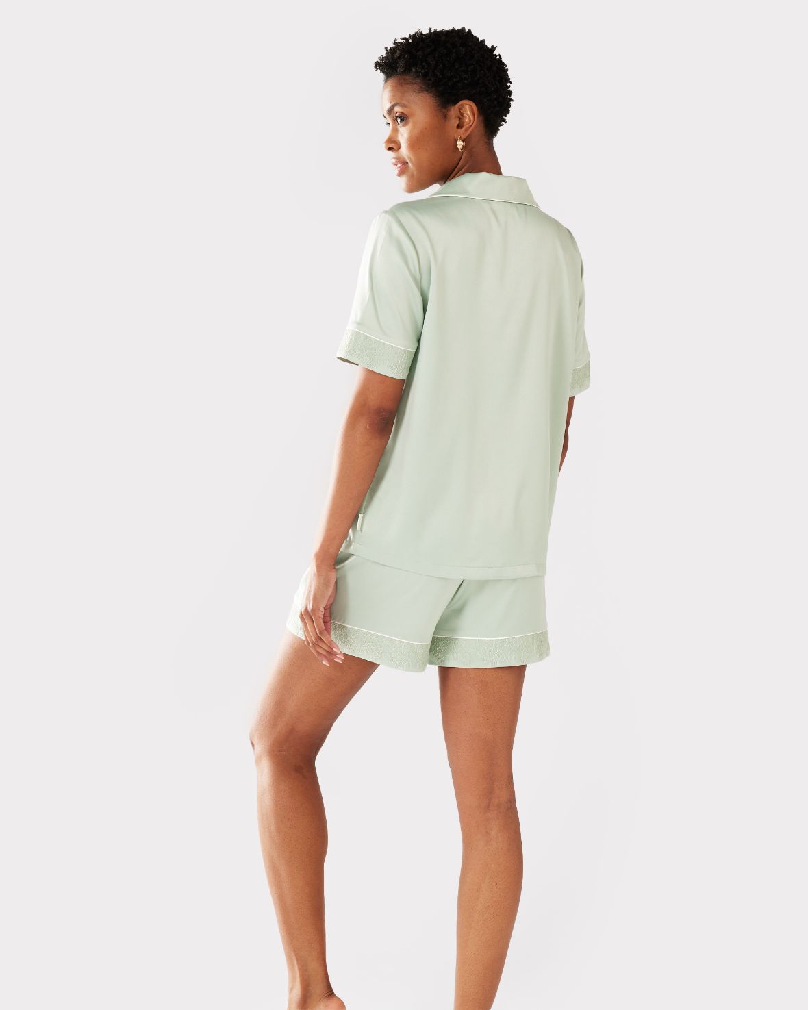 Satin Lace Trim Short Pajama Set for Women - Comfortable Sleepwear Lounge Set in Sage Green - Perfect for Nightwear, Relaxing at Home & Gift Giving