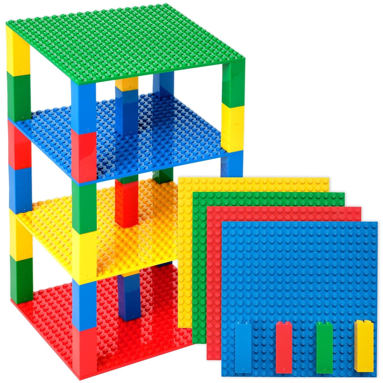 Strictly Briks Lego-Compatible Stackable Baseplates - 6x6 Inch Building Bricks for Towers, Shelves & DIY Projects (4 Base Plates + 30 Stackers in Red, Green, Blue & Yellow) | Perfect for Kids' Creative Play, Classroom STEM Activities & Home Organization