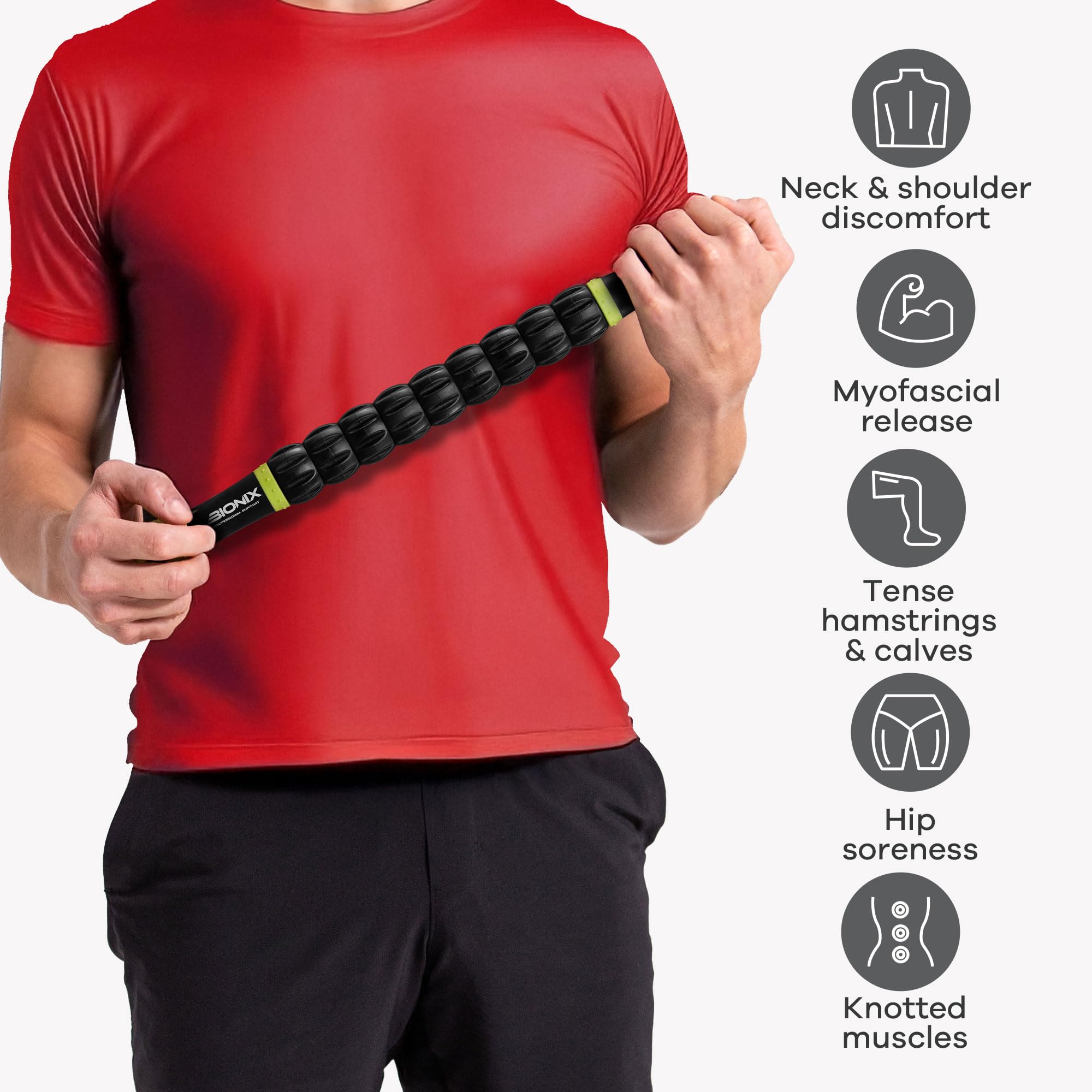 Bionix Deep Tissue Massage Roller Stick - 360° Muscle Roller for Trigger Points, Soreness & Tightness Relief, Myofascial Release and Recovery, Leg Calf Massager for Athletes, Runners, Yoga & Post-Workout Recovery (Green)