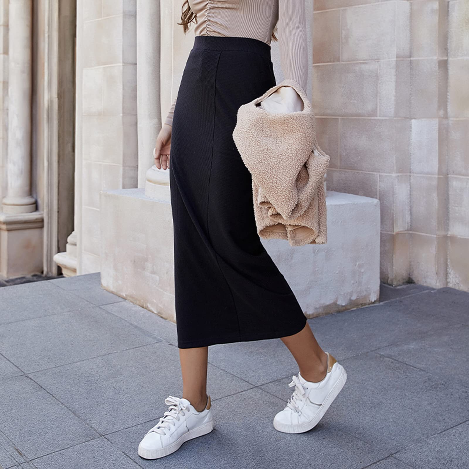 Sexy High Waist Bodycon Midi Skirt for Women - Stretchy Pencil Skirt Below Knee, Solid Color Work Dress | Perfect for Office, Party & Date Night