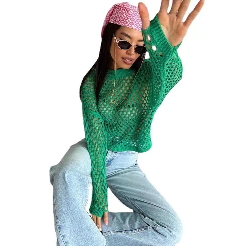 Women's 1897 Knitted Loose Round Neck Hollow Out Sweater - Casual Fall & Winter Fashion for Layering, Office Wear & Weekend Outfits
