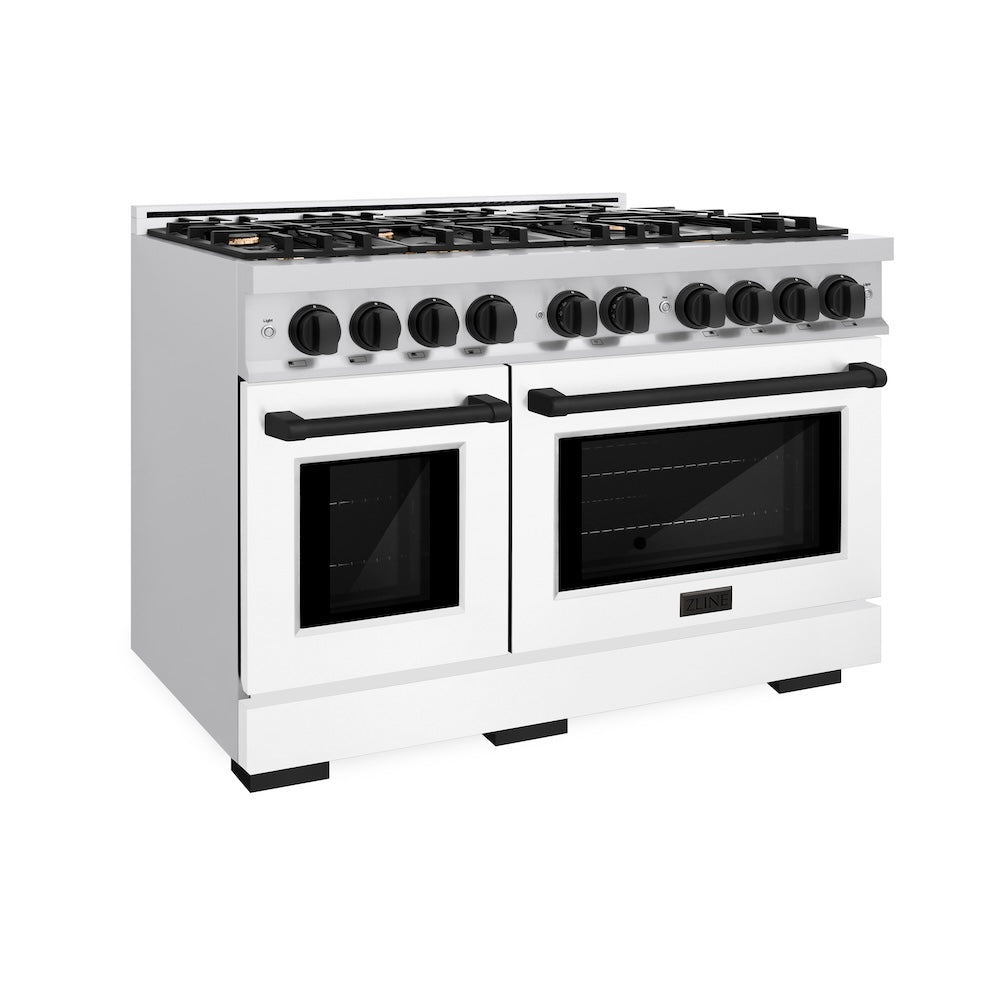 ZLINE Autograph Edition 48 Inch 6.7 Cu Ft Double Oven Gas Range with 8 Burner Cooktop - Stainless Steel with White Matte Doors & Black Accents (HGRZ WM 48 MB) - Perfect for Large Kitchens & Professional Cooking