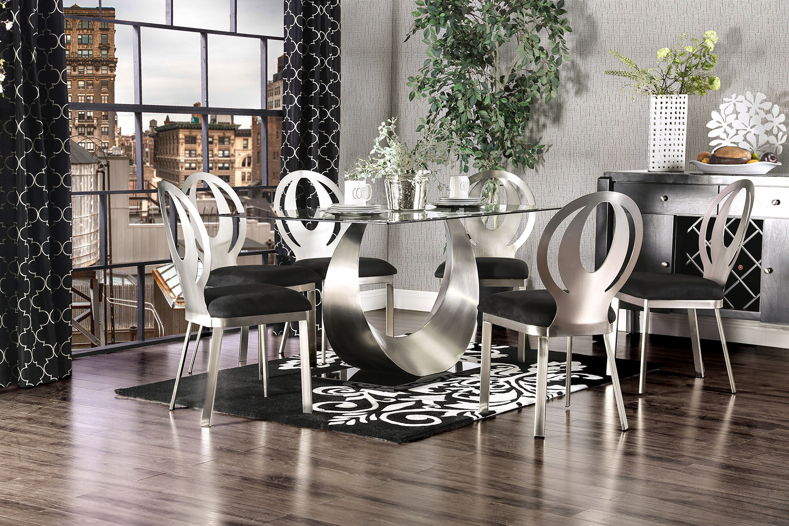 Modern Silver Metal Frame 2-Piece Dining Chairs Set with Black Microfiber Cushion & Oval Back Design - Elegant Kitchen & Dining Room Furniture for Home Decor