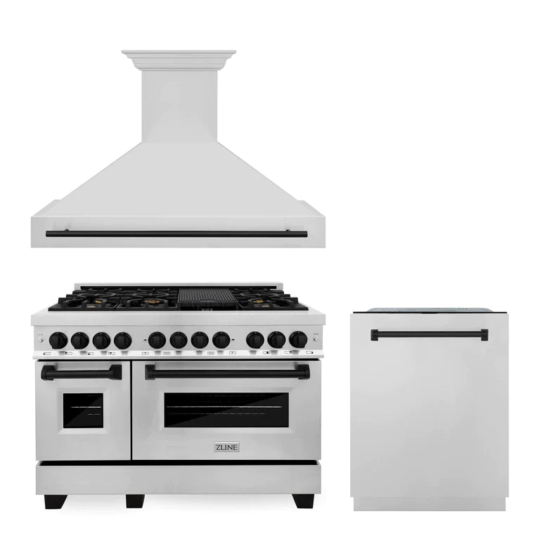 ZLINE Autograph Edition 48-inch Stainless Steel Dual Fuel Range, Range Hood & Dishwasher Kitchen Package with Matte Black Accents - Perfect for Modern Kitchens, Home Renovations & Professional Chef Setups (3AKP RARHDWM48 MB)