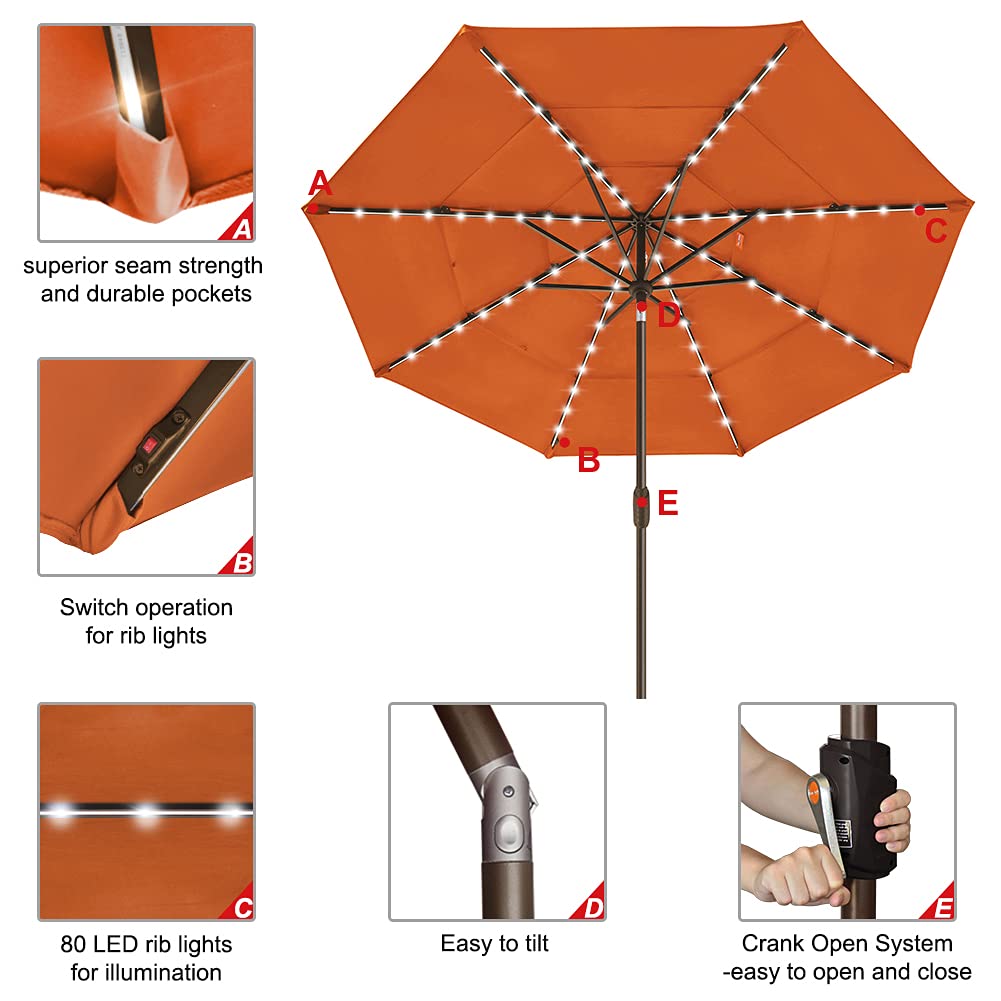 EliteShade USA 10-Year Fade-Resistant 9ft Solar-Powered 3-Tier Patio Umbrella with 80 LED Lights - Outdoor Market Umbrella with Ventilation & Rust-Proof Design for Backyard, Poolside & Restaurant Dining