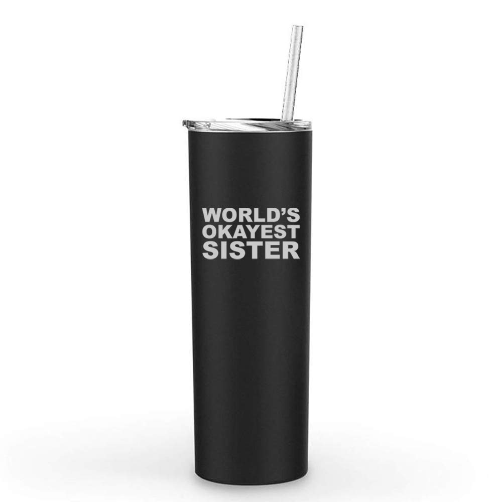 20 oz Skinny Tall Stainless Steel Vacuum Insulated Tumbler with Straw - Leakproof Travel Mug for Coffee & Tea - Perfect Gift for Sister (Black) - Great for Office, Commuting & Outdoor Activities