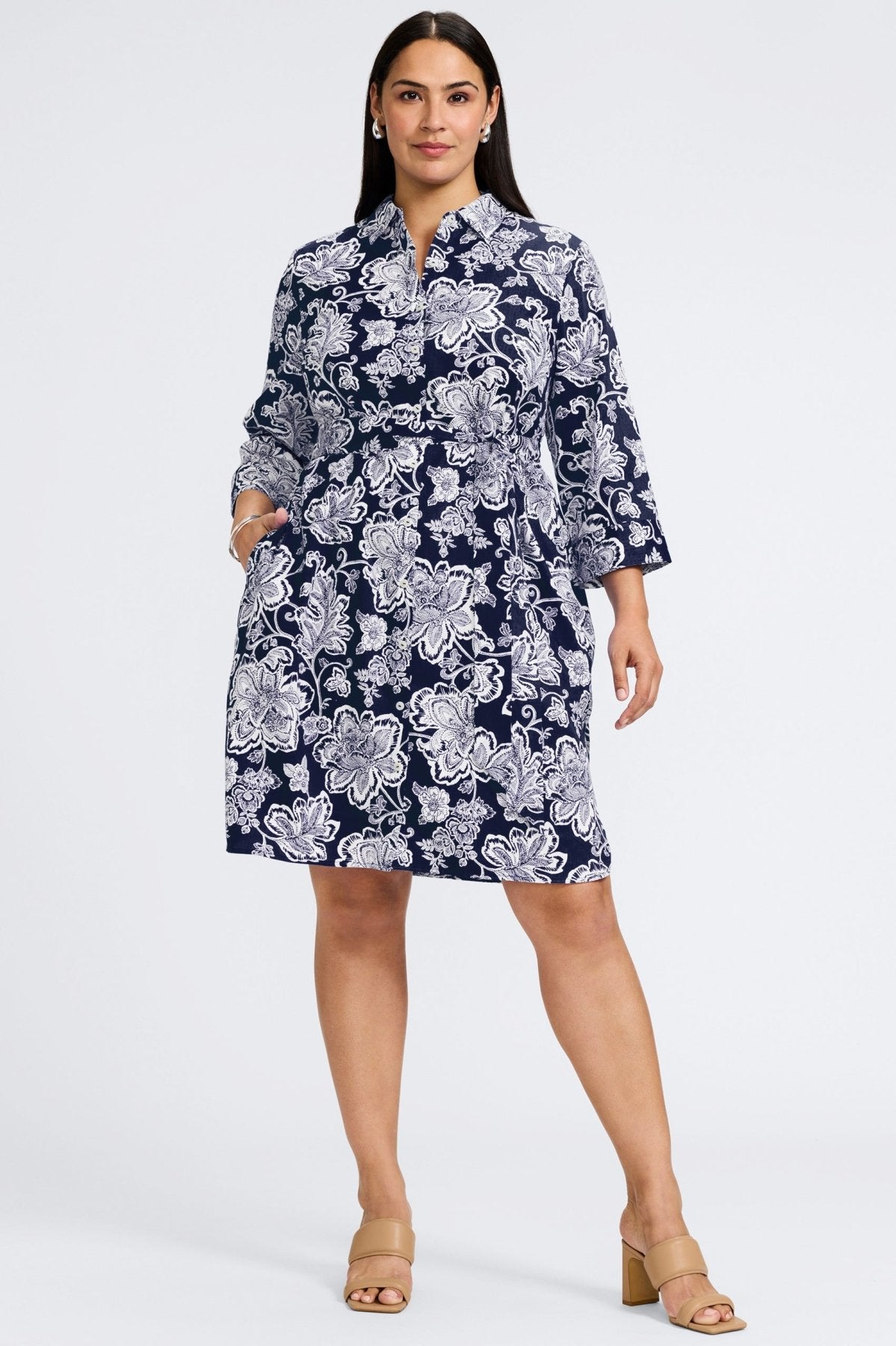 Rocca Plus Women's Floral Print 3/4 Sleeve Woodblock Dress - Perfect for Spring Outfits, Garden Parties & Casual Wear