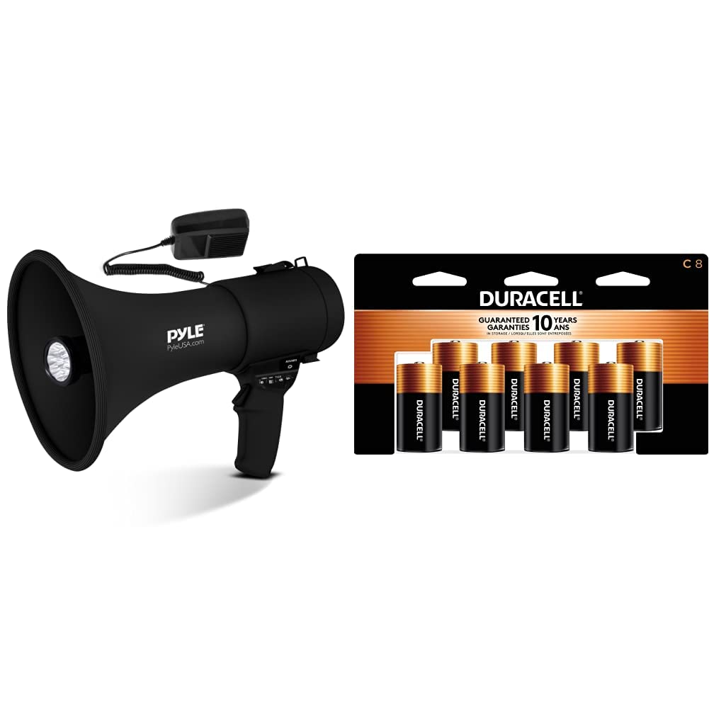 Pyle 50W Portable Megaphone Bullhorn Speaker with Microphone - Loud Alarm Siren & Volume Control | Indoor Outdoor Use for Events, Crowd Control, Emergency, Sports | Includes 8 Duracell Coppertop C Batteries