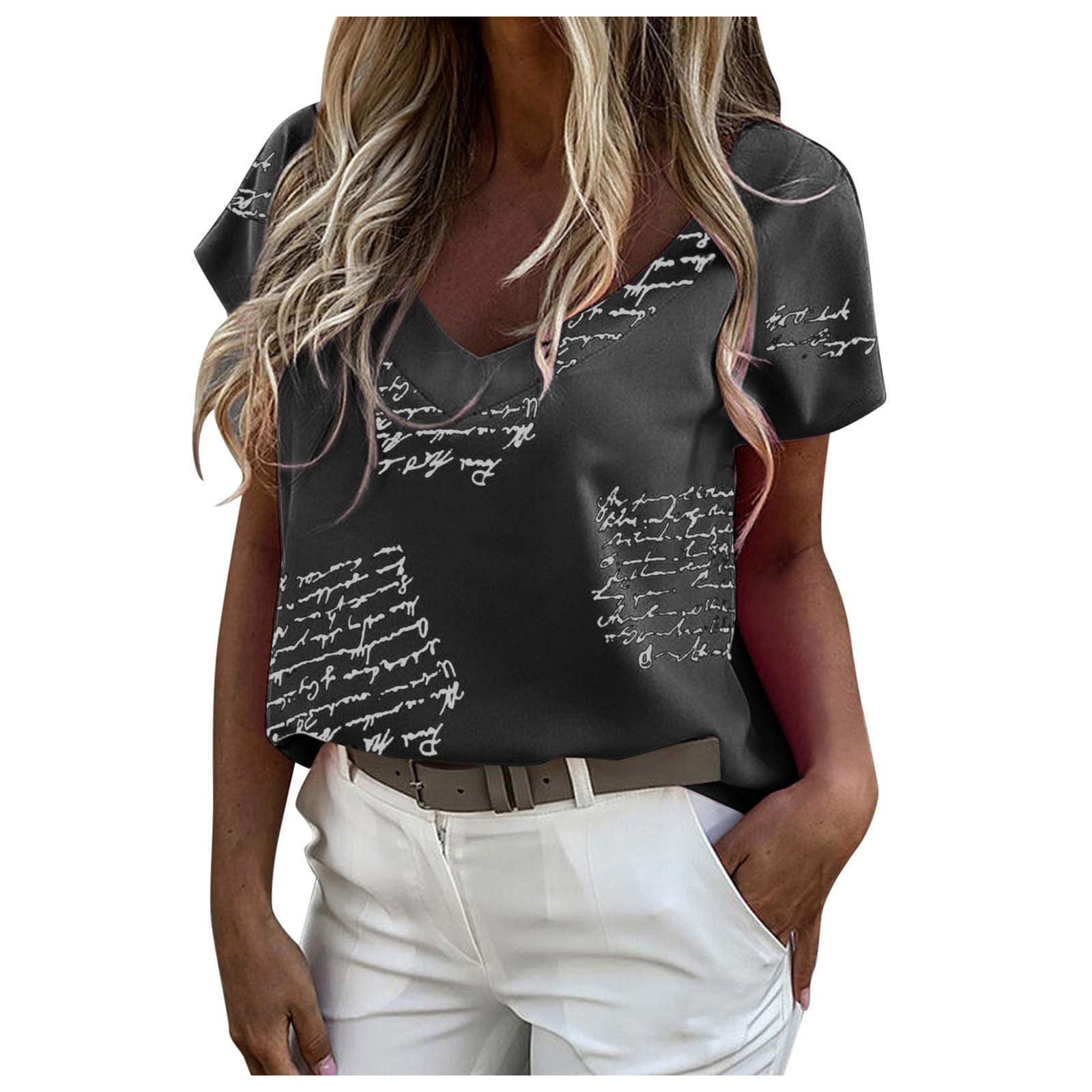 Sexy V-Neck Printed Short Sleeve Women's Summer Top - Athletic Dry Fit Casual Blouse for Outdoor Activities, Workout & Beach Wear