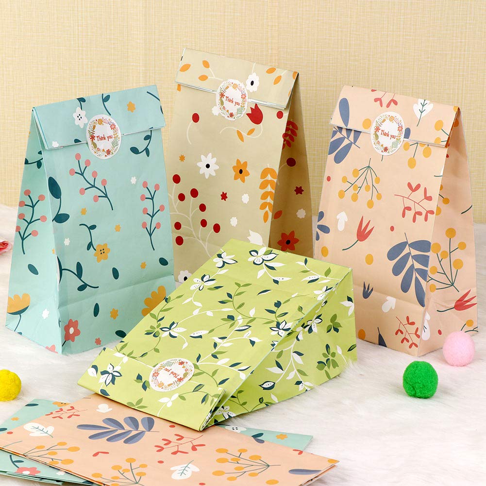 AerWo 48PCS Floral Gift Bags Bulk - Cute Flower Pattern Party Favor Bags for Kids Birthday, Bridal Shower, Wedding Favors | Medium Size Goodie Bags with Thank You Stickers | Perfect for Baby Showers, Graduation Parties & Holiday Gift Giving