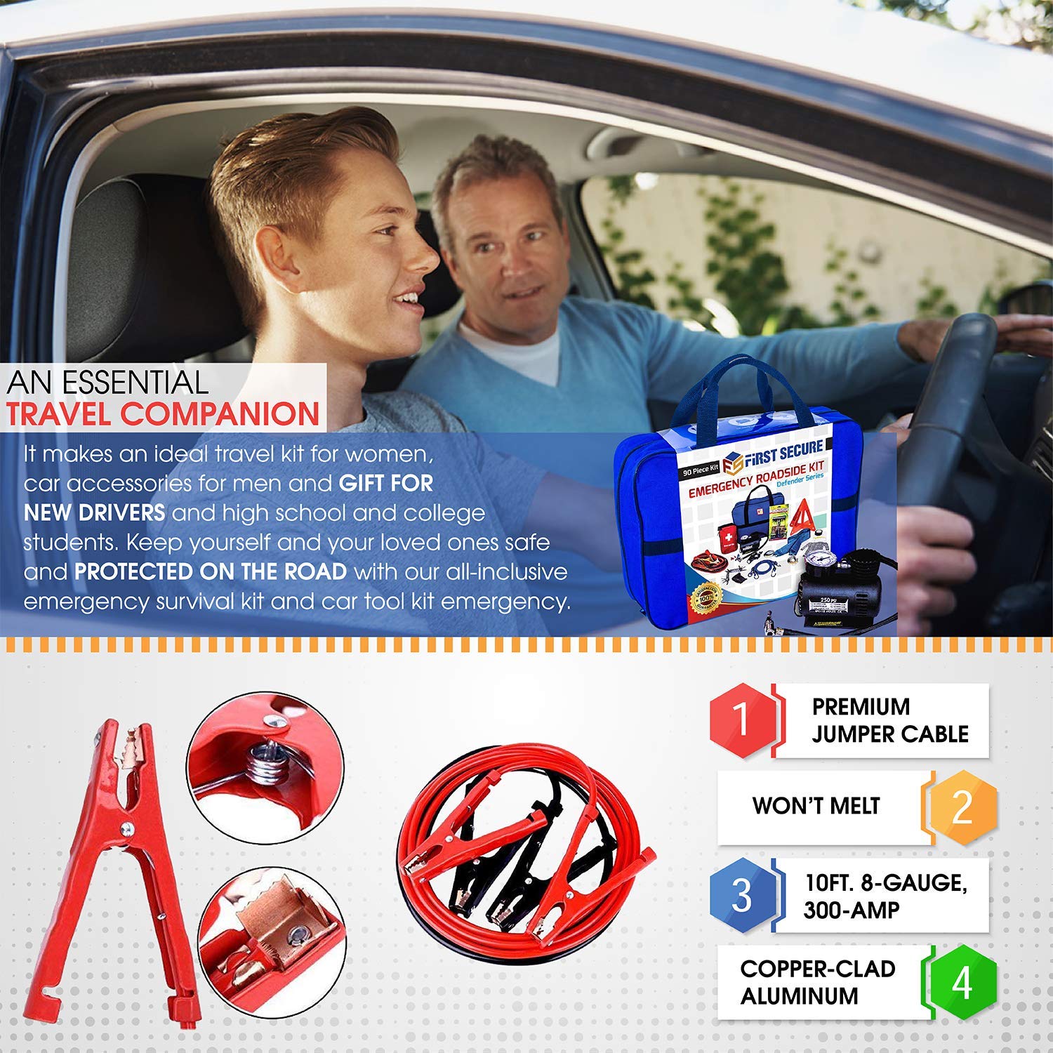 90-Piece Car Emergency Roadside Kit Tool Set with Safety Essentials for Women & Men - Essential Safety & Survival Assistance Kit for Travel, Camping, Road Trips, Trucks & SUVs | Perfect for Roadside Emergencies, Vehicle Breakdowns & Outdoor Adventures