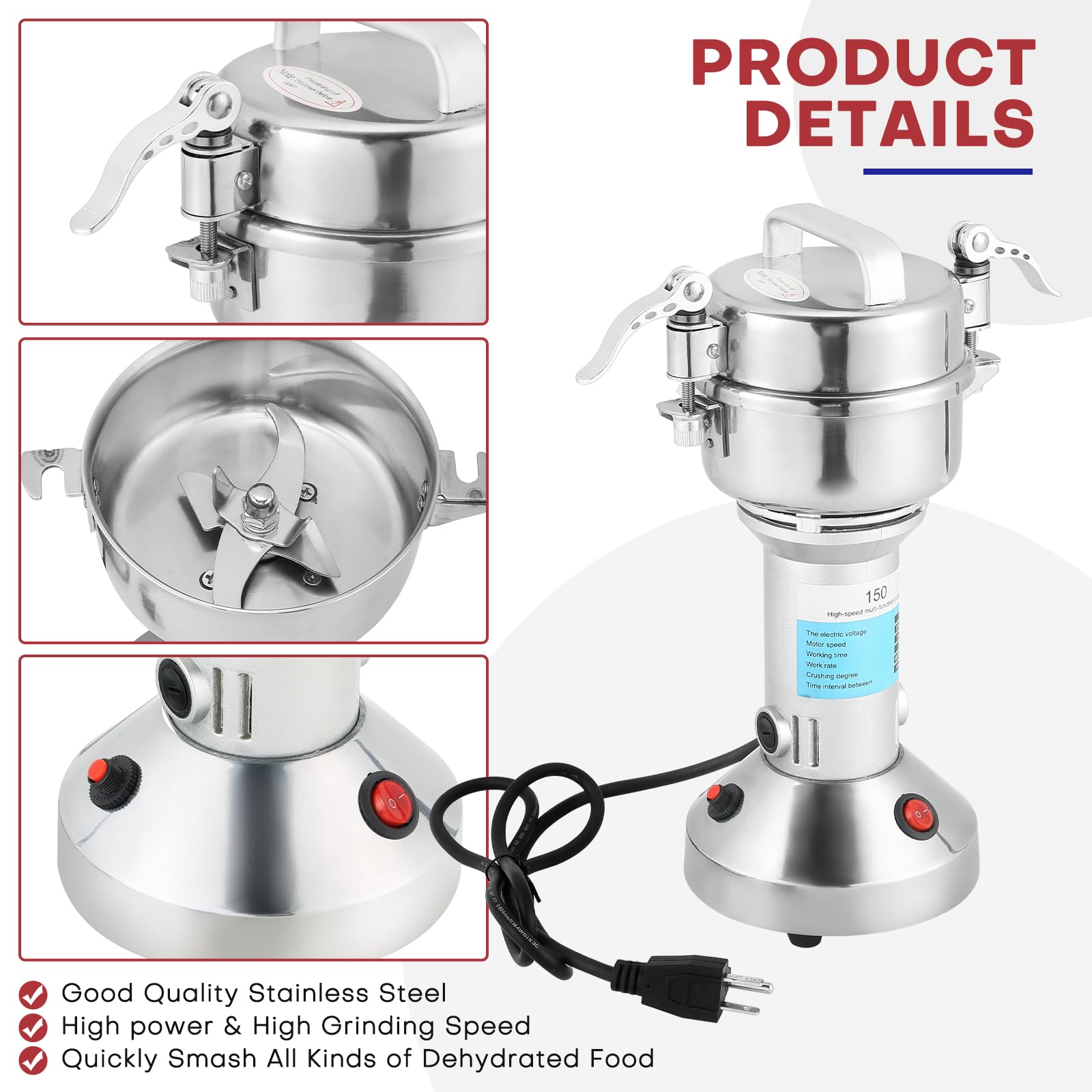 750W High-Speed Electric Grain Mill Grinder - 150g Capacity, 28000 RPM, 70-300 Mesh Stainless Steel - Commercial Grade for Coffee Beans, Spices, Herbs, Pepper - Perfect for Home Kitchens & Coffee Shops