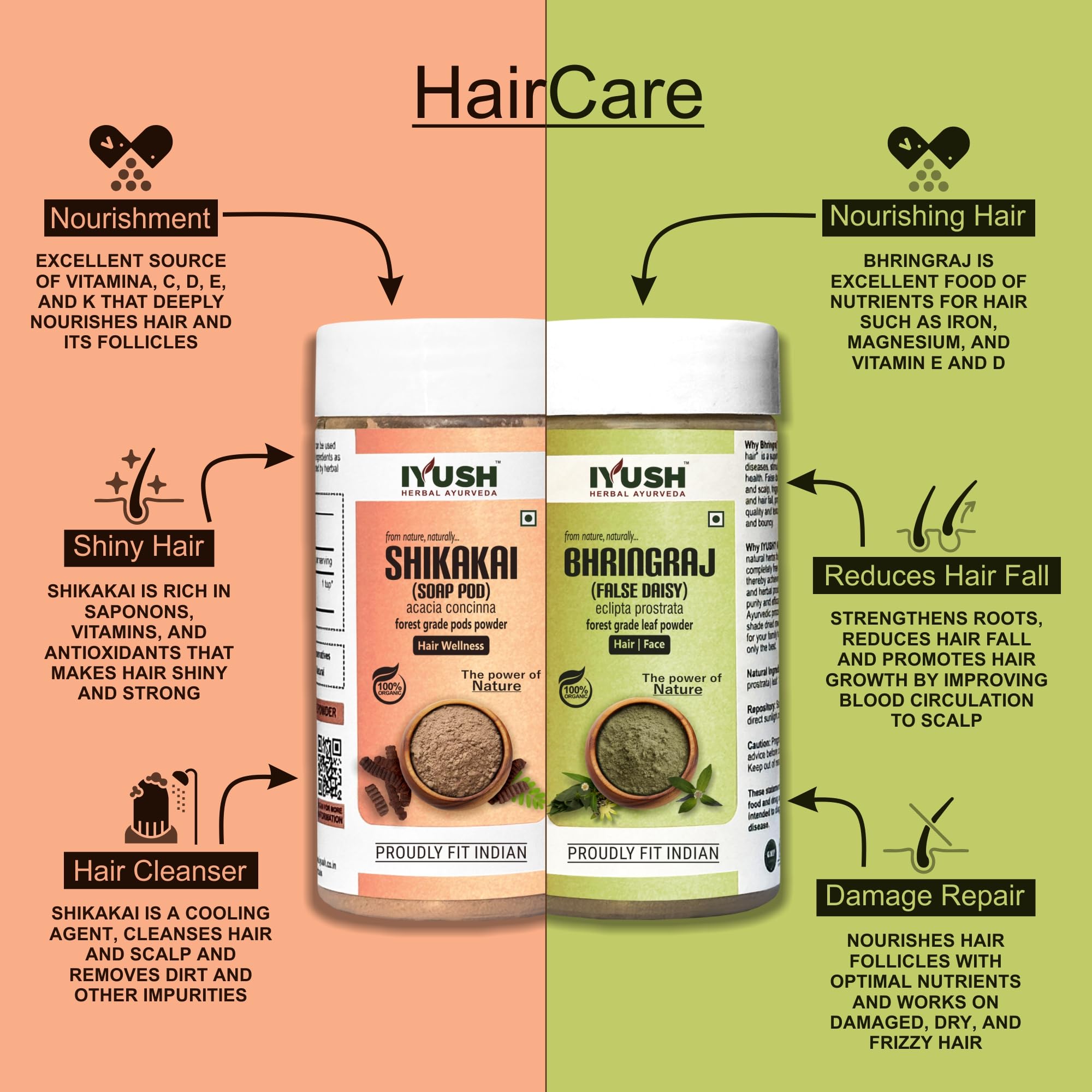 Bhringraj & Shikakai Ayurvedic Hair Growth Powder – 500g | Herbal Hair Mask for Dry, Frizzy Hair | Natural Volume Booster | Organic Hair Wash Powder | 250g Each | Promotes Stronger, Thicker Hair | Perfect for Daily Hair Care & Scalp Treatment
