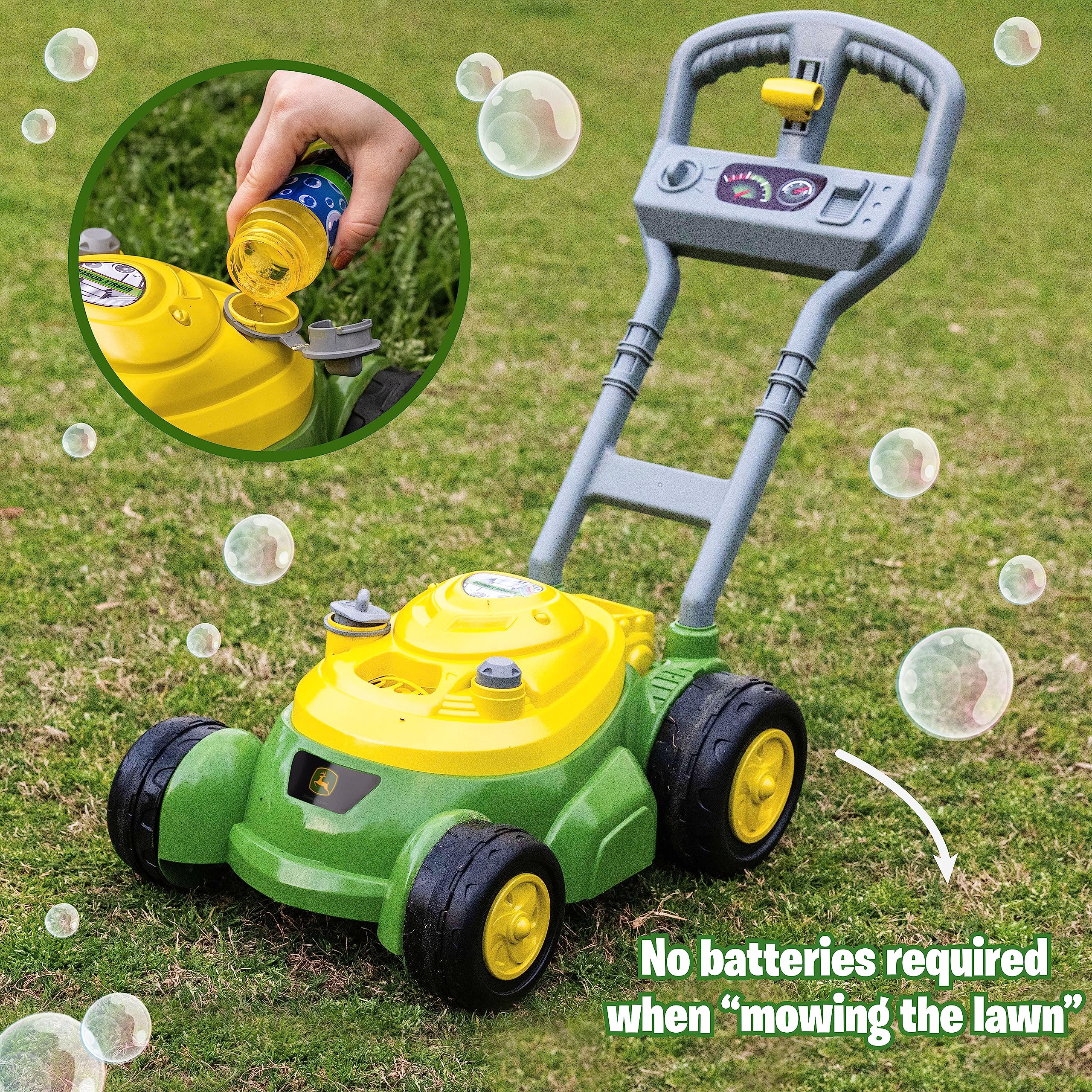 John Deere Bubble Lawn Mower Toy for Toddlers - Fun Bubble Blowing Machine for Kids Ages 2+ | No Batteries Needed | Perfect Outdoor & Indoor Play Toy for Boys & Girls | Great Birthday Gift & Party Favor for Preschoolers | Gardening Pretend Play for Backyard, Park & Playdates