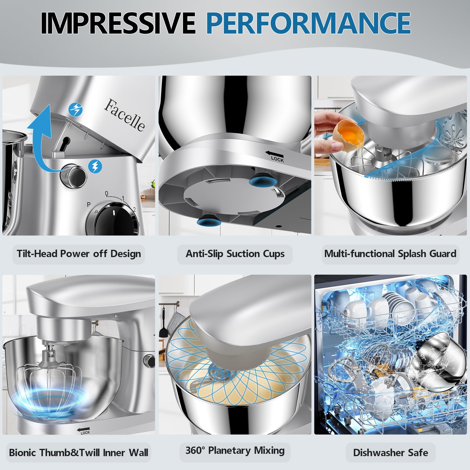 10-Speed 6QT Stand Mixer with Tilt-Head - Kitchen Electric Mixer Includes Beater, Dough Hook, Wire Whip & Egg Separator - Perfect for Baking Cakes, Cookies, Bread & Dough - Silver