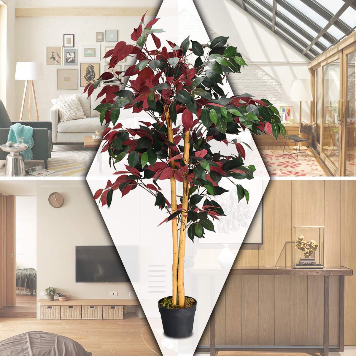 COSTWAY 4Ft Artificial Ficus Tree in Pot - Fake Green & Red Potted Plant for Home, Office, Lobby Decor - Perfect for Living Room, Bedroom, or Reception Area Decoration