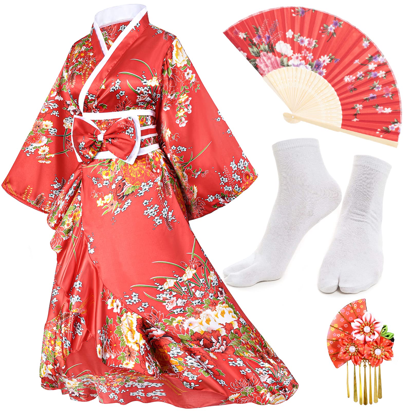 Elegant Women's Kimono Robe - Geisha Style Yukata with Sweet Tuxedo Ruffle & Blossom Print - Satin Bathrobe Sleepwear Set with Tabi Socks | Perfect for Spa Days, Loungewear, Cosplay & Japanese Themed Parties