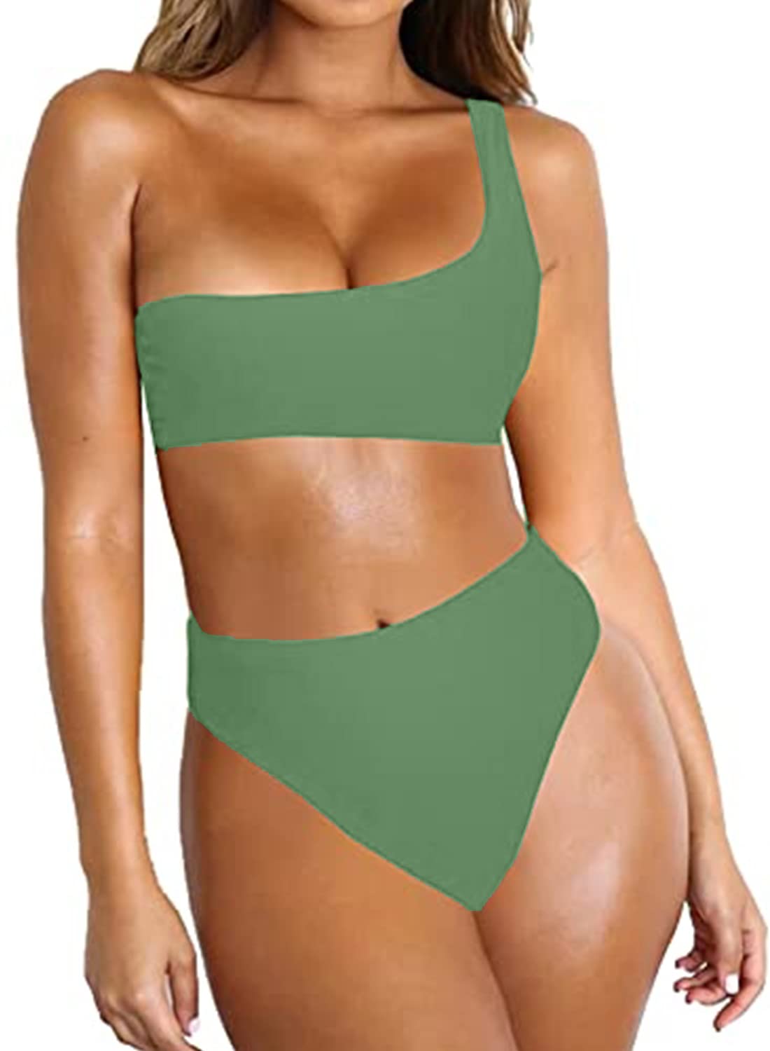 BYOAUO Women's One Shoulder Bikini Top & High Waisted Bottom 2-Piece Swimsuit - Sexy Summer Beachwear for Pool Party & Vacation