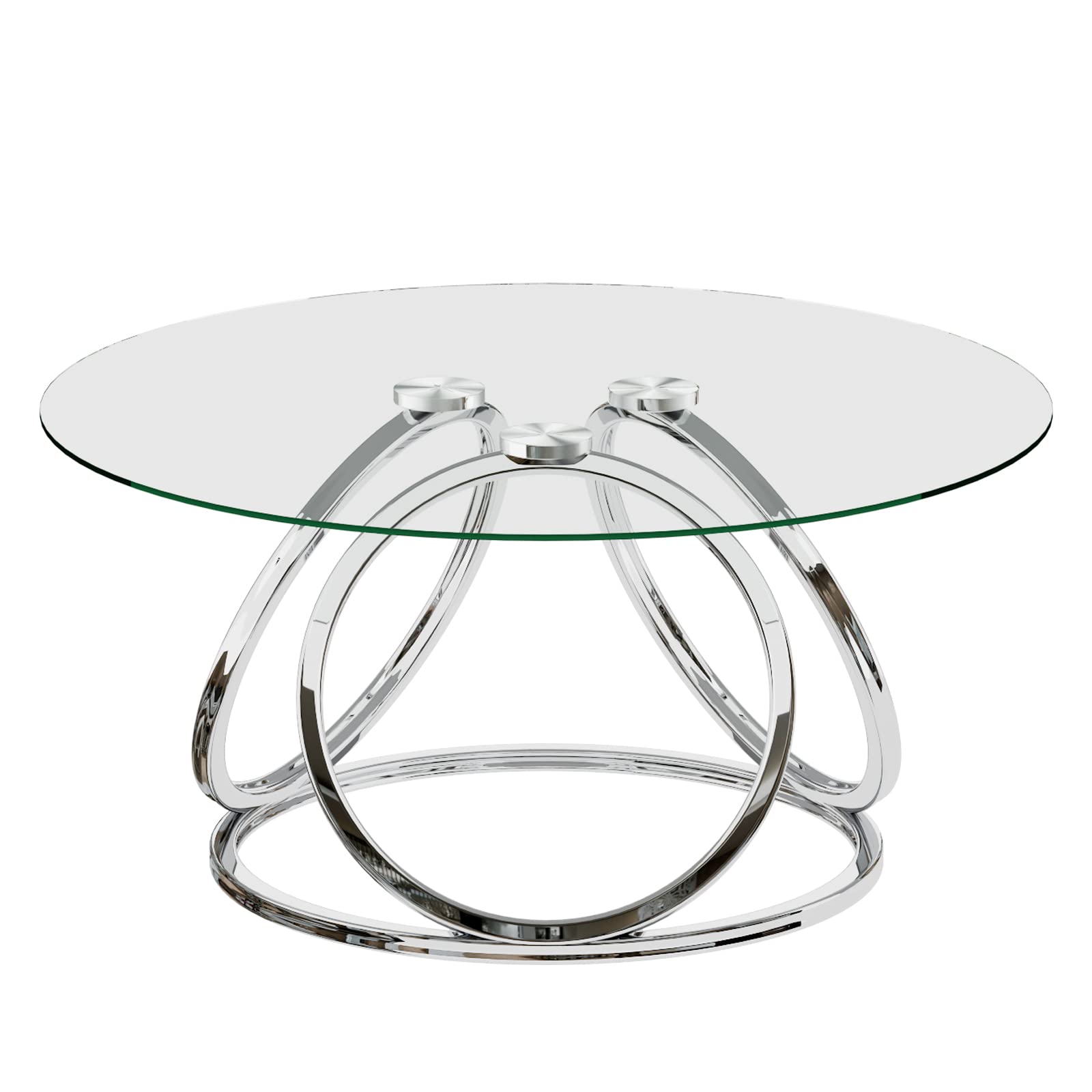 Modern Silver Glass Coffee Table with Ring-Shaped Chrome Frames - Stylish Living Room & Office Center Table - Durable Tempered Glass Top for Home Decor - Perfect for Entertaining Guests or Relaxing with Coffee